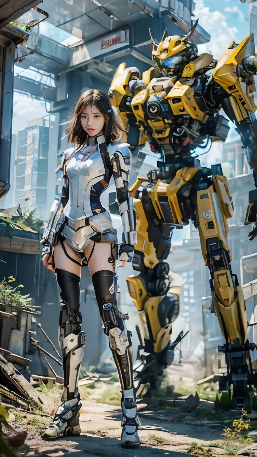 A woman in a futuristic suit standing next to a giant robot - SeaArt AI