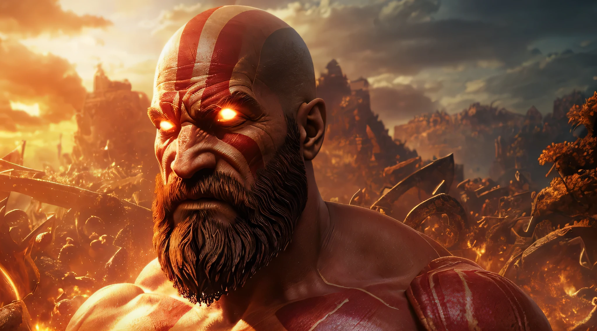 kratos,1.2,pulling the sun,blades of chaos,extreme strength,mythical warrior,bearded man,enormous power,ripped muscles,heavy chains,gleaming golden chains,ferocious expression,burning determination,glowing red eyes,imposing figure,massive weapon,wielded mightily,shining metal blades,molten sunlight,scorching heat,unleashing his might,mythical hero,untamed power,God of War,defying gods,conquering the sun,masterpiece:1.2,ultra-detailed,realistic,photorealistic,studio lighting,vivid colors,dramatic composition,surreal atmosphere,heroic stance,fiery background,chestnut hair,fierce countenance,beads of sweat,bokeh