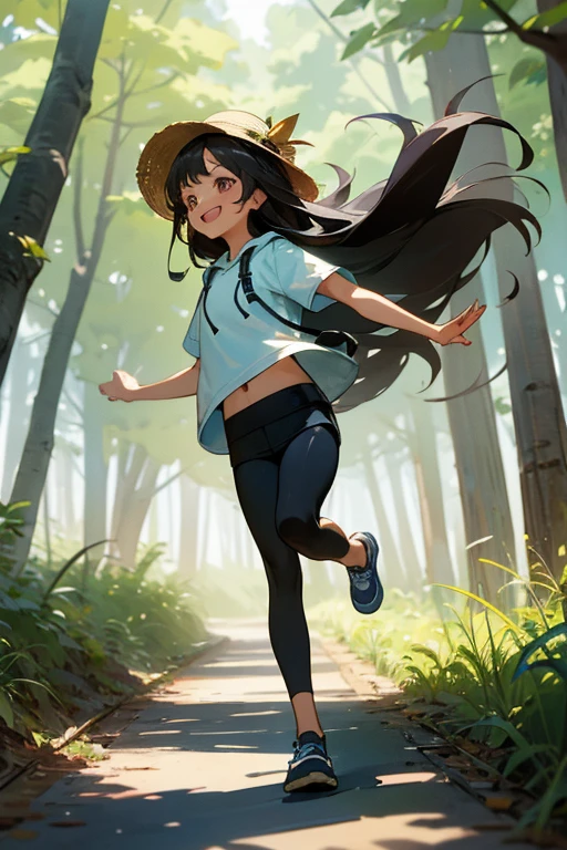 1 girl, solo, dark hair, long hair, , child, summer clothes, shirt, short sleeve hoodie, front open hoodie, ((short shorts)), ((leggings)), straw hat, wearing hat, pretty girl, happy, smiling, (background in forest), scenery, full body