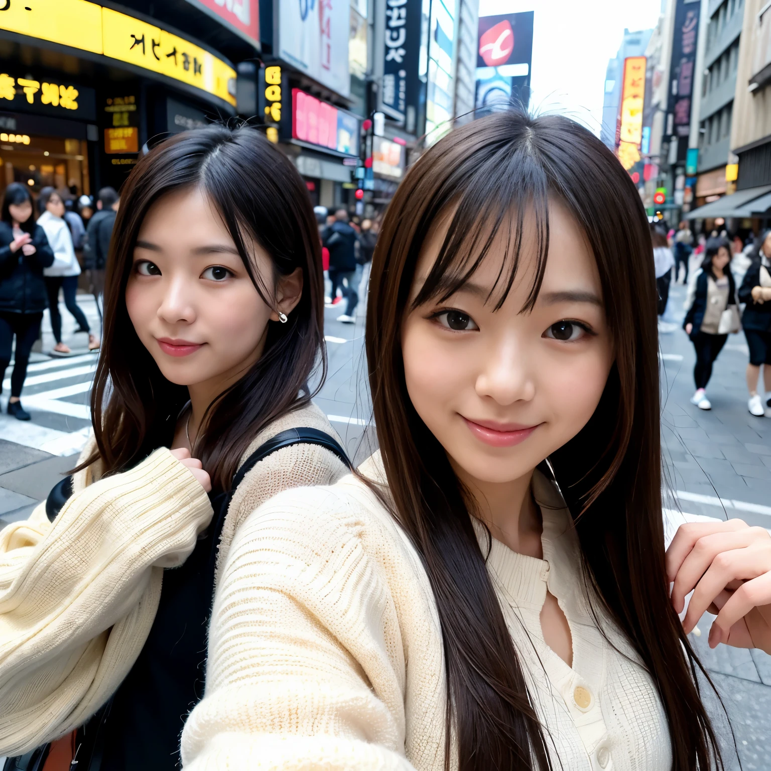 2 girls、Dotonbori Street、Osaka、A city scape、Cityscape at daytime、Bright background、full bodyesbian、a closeup、A smile、、(8K、Raw photography、top-quality、masterpiece:1.2)、(realisitic、フォトrealisitic:1.37)、Highly detailed eyelash drawing、(((Top image quality))), (Perfect Anatomy), (Realistic), (Dynamic Angle), Pose Seductive,Perfect, Look、top-quality、hight resolution、Osaka、Shinsaibashi、wearing a fashionable winter jersey、street snap、Hair is short、full bodyesbian、Fashionable fashion