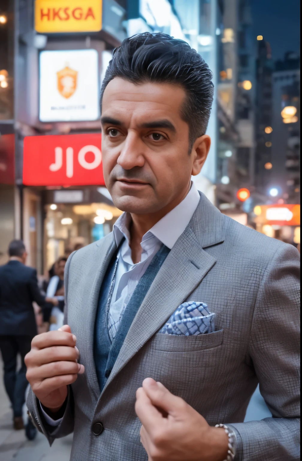 La mejor calidad,high resolusion,Obra maestra:1.2,hombre distinguido elegante con traje,traje fino a medida,chaqueta ajustada,camisa de vestir fresca,Corbata elegante,zapatos de cuero pulido,afilado y bien cuidado,Hombre de mediana edad,Confident and charismatic,sonrisa sutil,Detailed facial features,ojos expresivos,well defined jawline,cabello plateado cuidadosamente peinado,con un toque de gris,empresario profesional,caminando con confianza en una ciudad bulliciosa,postura recta y paso decidido,exitoso e influyente,carrying a leather briefcase,modern metropolitan backdrop with tall buildings and busy streets,vivid city lights illuminating the scene,Feeling of sophistication and elegance.,color palette focused on cool tones and shades of blue,Soft and flattering lighting,resaltando los rasgos del hombre con sombras suaves,Creating a sense of depth and dimension to the image.,Masterful brushstrokes that capture every detail of the man&#39;s attire and expression.,Photorealistic rendering that improves realism and realistic image quality..