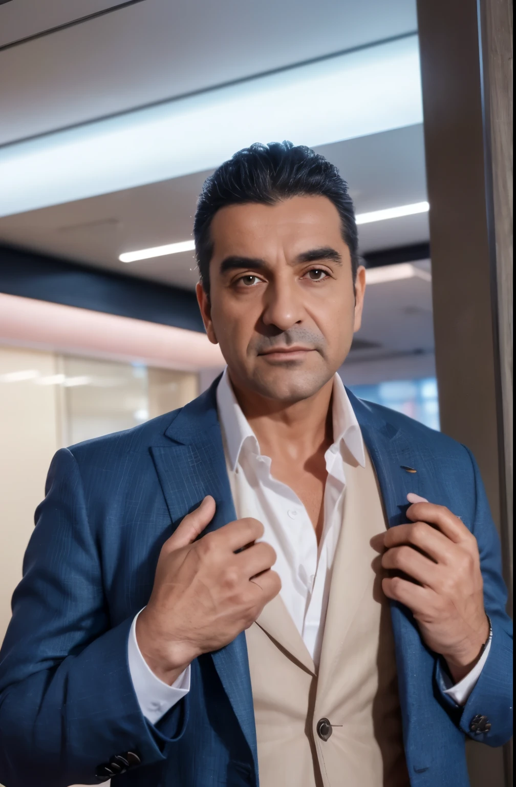 La mejor calidad,high resolusion,Obra maestra:1.2,hombre distinguido elegante con traje,traje fino a medida,chaqueta ajustada,camisa de vestir fresca,Corbata elegante,zapatos de cuero pulido,afilado y bien cuidado,Hombre de mediana edad,Confident and charismatic,sonrisa sutil,Detailed facial features,ojos expresivos,well defined jawline,cabello plateado cuidadosamente peinado,con un toque de gris,empresario profesional,caminando con confianza en una ciudad bulliciosa,postura recta y paso decidido,exitoso e influyente,carrying a leather briefcase,modern metropolitan backdrop with tall buildings and busy streets,vivid city lights illuminating the scene,Feeling of sophistication and elegance.,color palette focused on cool tones and shades of blue,Soft and flattering lighting,resaltando los rasgos del hombre con sombras suaves,Creating a sense of depth and dimension to the image.,Masterful brushstrokes that capture every detail of the man's attire and expression.,Photorealistic rendering that improves realism and realistic image quality..