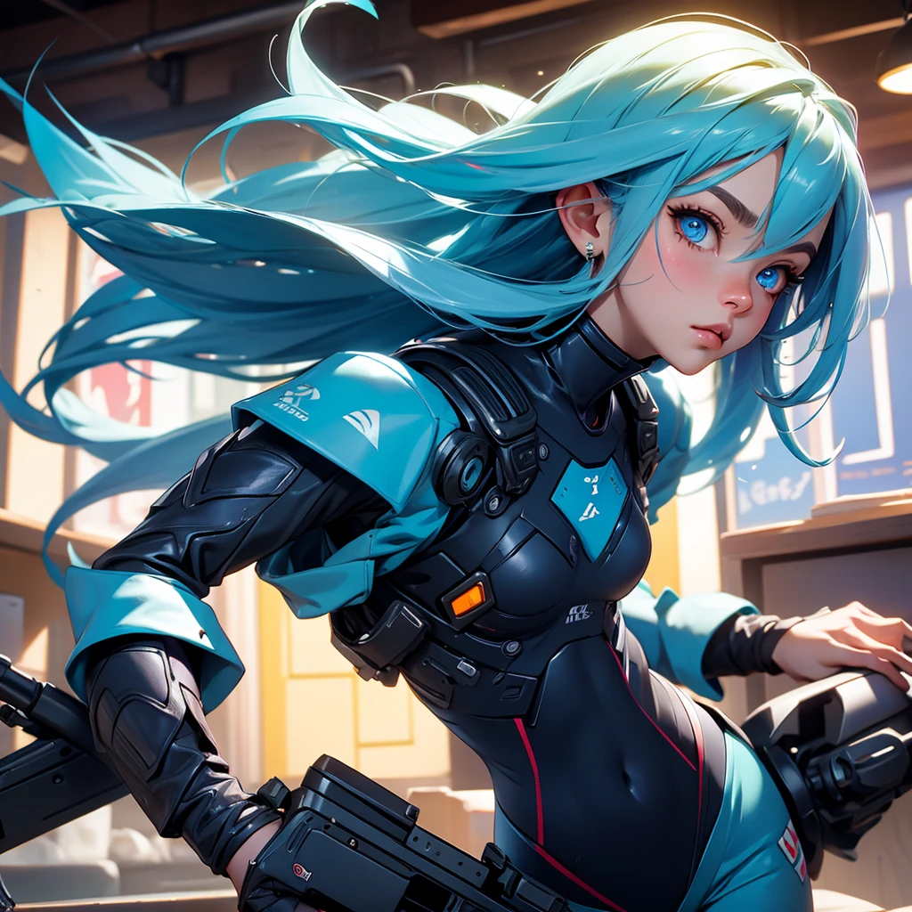 foreshortening, depth of fields, masutepiece, Best Quality, 1girl in, Blue hair, blue eyes, Long hair, Solo, Looking at Viewer, cute shark suit girl ,Relax at a rural cafe shop