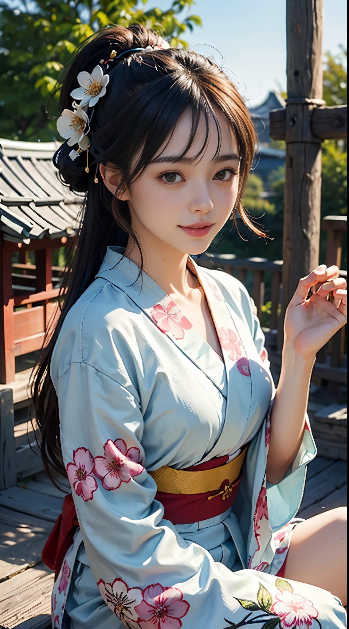 ((top-quality)), ((masterpiece)), (detaileds:1.4)、in 8K、best qualtiy,full body sface focus,(goodbye waving),Soft light, smile,peal skin,wetted skin(depth of fields),超A high resolution,RAW Photos,japanese kimono(yukata Flower) pony tail dark brown hair Hairpin holding Fan background Torii Shrine