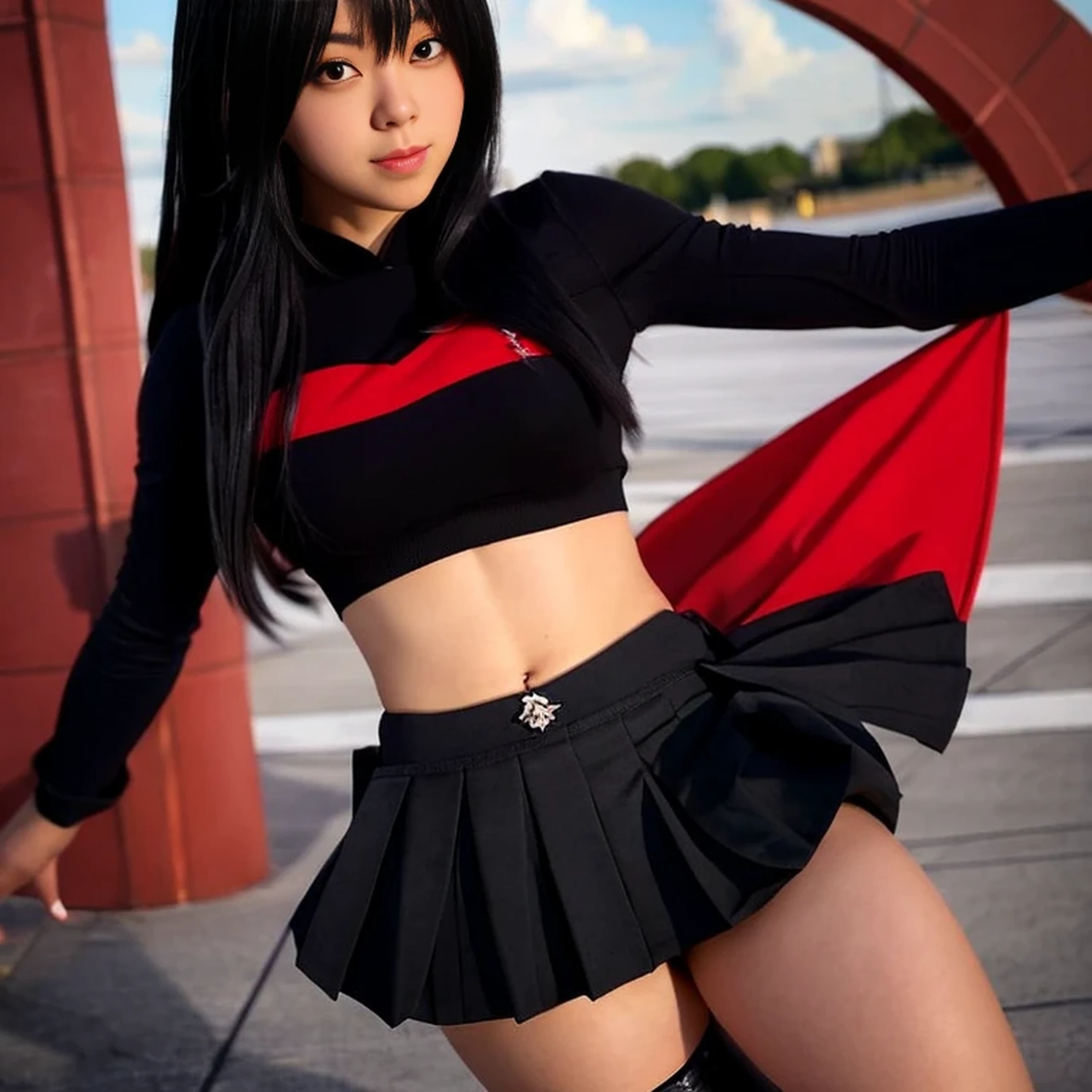 beautiful, masterpiece, best quality, extremely detailed face, perfect lighting,1girl, solo, matoi ryuuko, black serafuku, black skirt, red hair, senketsu, torn clothes, underboob