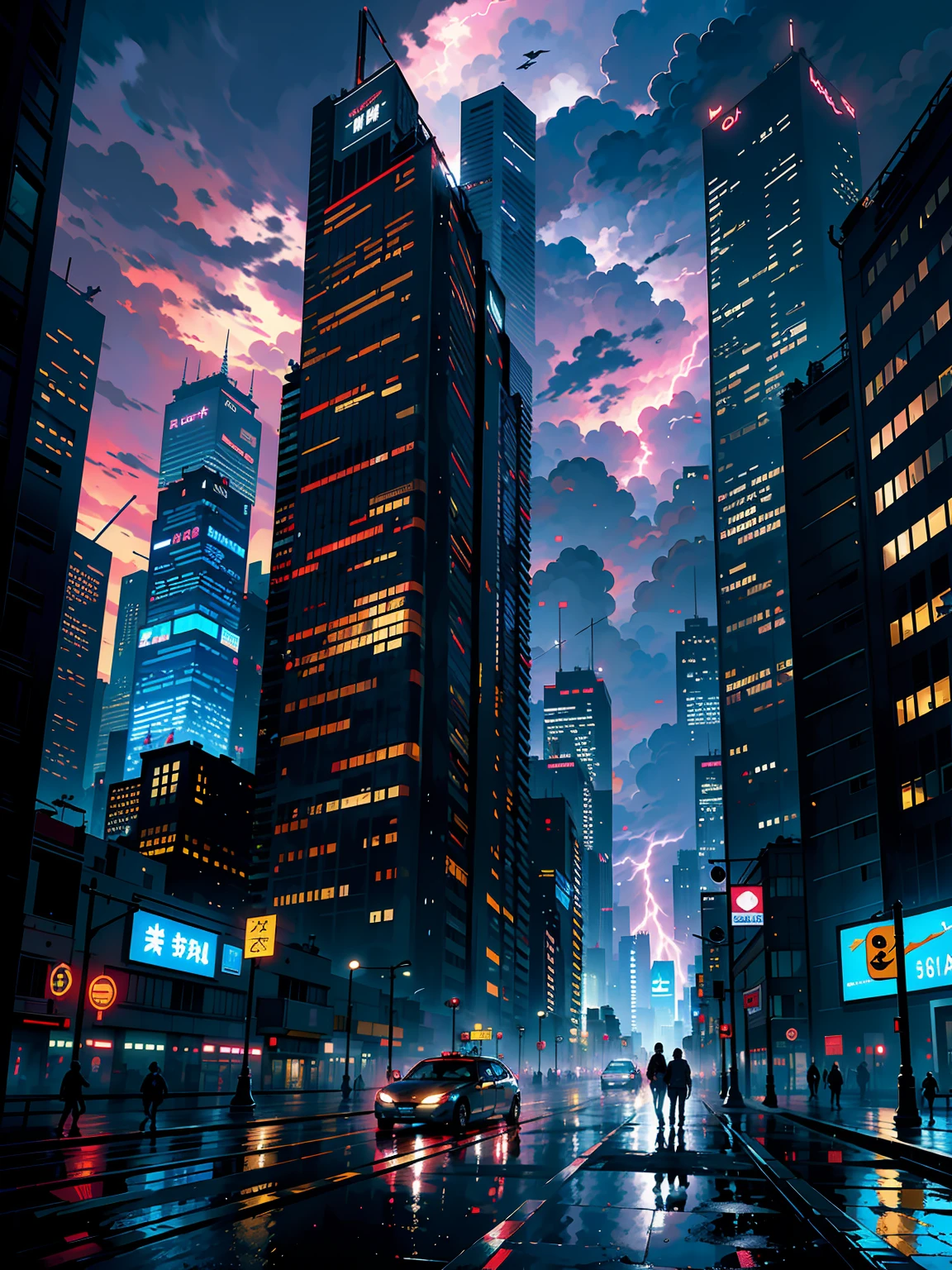 ,um menino de 13 anos、DP BODY、menino cyberpunk、The beginning of the adventure、(Encharcando:2)、(lightnings:1.5)、Muitas nuvens,Heavy fog、mistborn,caothic city of the future、Cinematic dystopia、A group of very tall skyscrapers is in the center、Paisagem urbana muito complexa,Crowded Chinese skyscrapers、Placas de rua、street lighting、taxis、Trem、blue lighting,estrada escura、Lots of puddles、splashed water、caothic、Beautiful and fantastic landscapes、Cinematic setting、alta qualidade、masutepiece,em 8K、alta resolução、