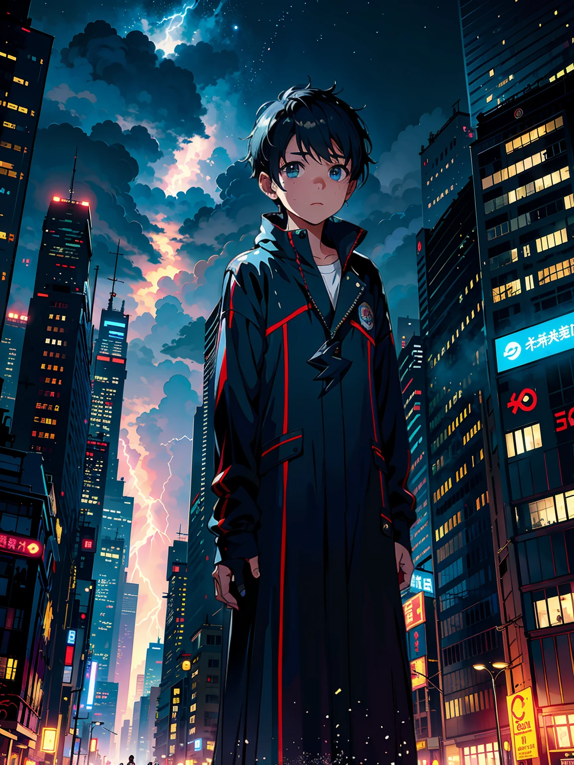 ,um menino de 13 anos、DP BODY、menino cyberpunk、The beginning of the adventure、(Encharcando:2)、(lightnings:1.5)、Muitas nuvens,Heavy fog、mistborn,caothic city of the future、Cinematic dystopia、A group of very tall skyscrapers is in the center、Paisagem urbana muito complexa,Crowded Chinese skyscrapers、Placas de rua、street lighting、taxis、Trem、blue lighting,estrada escura、Lots of puddles、splashed water、caothic、Beautiful and fantastic landscapes、Cinematic setting、alta qualidade、masutepiece,em 8K、alta resolução、