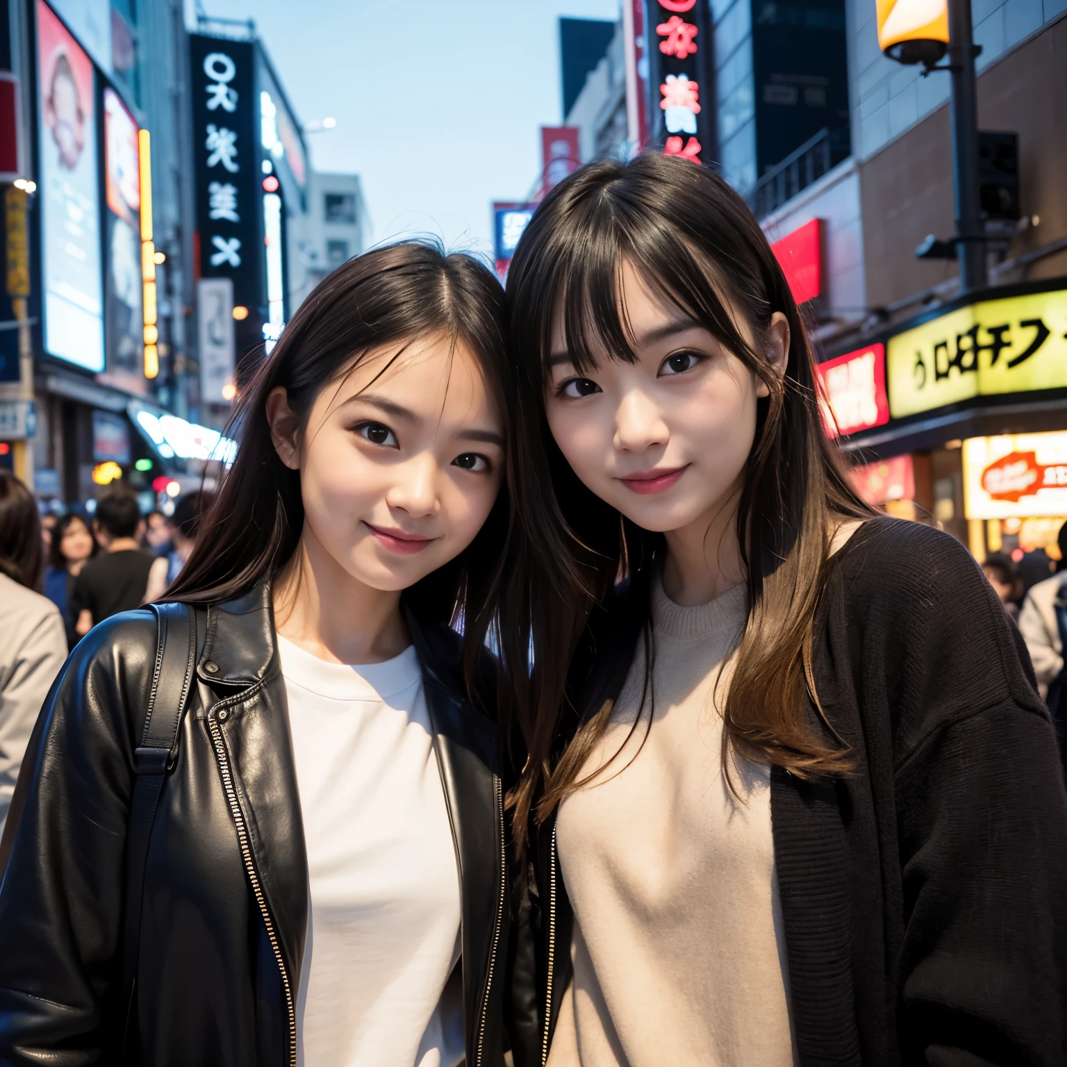 2 girls、Dotonbori Street、Osaka、A city scape、Cityscape at daytime、Bright background、full bodyesbian、a closeup、A smile、、(8K、Raw photography、top-quality、​masterpiece:1.2)、(realisitic、フォトrealisitic:1.37)、Highly detailed eyelash drawing、(((Top image quality))),  (Perfect Anatomy), (Realistic), (Dynamic Angle), Pose Seductive,Perfect, Look、top-quality、hight resolution、Osaka、Shinsaibashi、wearing a fashionable winter jersey、street snap、Hair is short、full bodyesbian、Fashionable fashion、age 30s