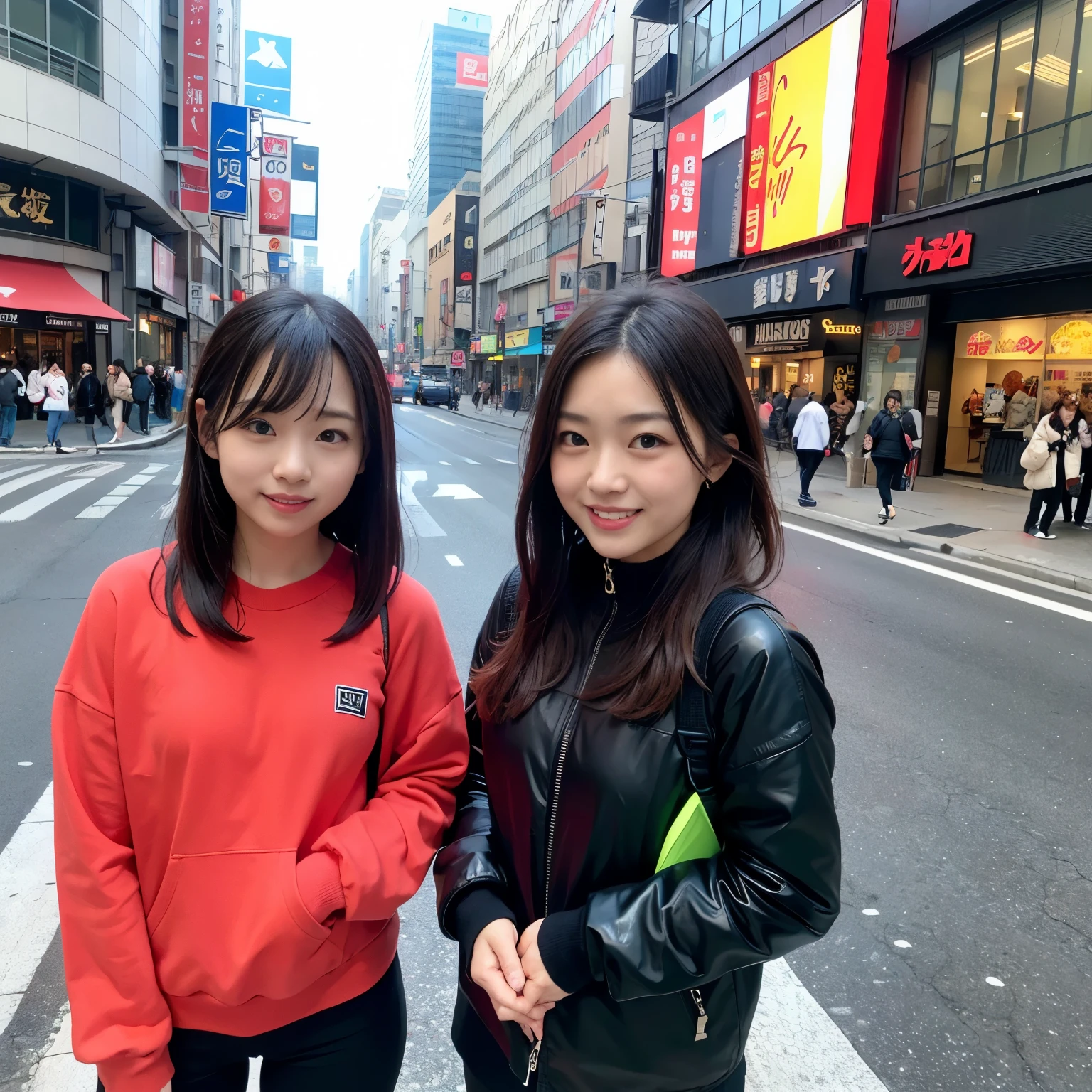 2 girls、Dotonbori Street、Osaka、A city scape、Cityscape at daytime、Bright background、full bodyesbian、a closeup、A smile、、(8K、Raw photography、top-quality、masterpiece:1.2)、(realisitic、フォトrealisitic:1.37)、Highly detailed eyelash drawing、(((Top image quality))), (Perfect Anatomy), (Realistic), (Dynamic Angle), Pose Seductive,Perfect, Look、top-quality、hight resolution、Osaka、Shinsaibashi、wearing a fashionable winter jersey、street snap、Hair is short、full bodyesbian、Fashionable fashion、age 30s