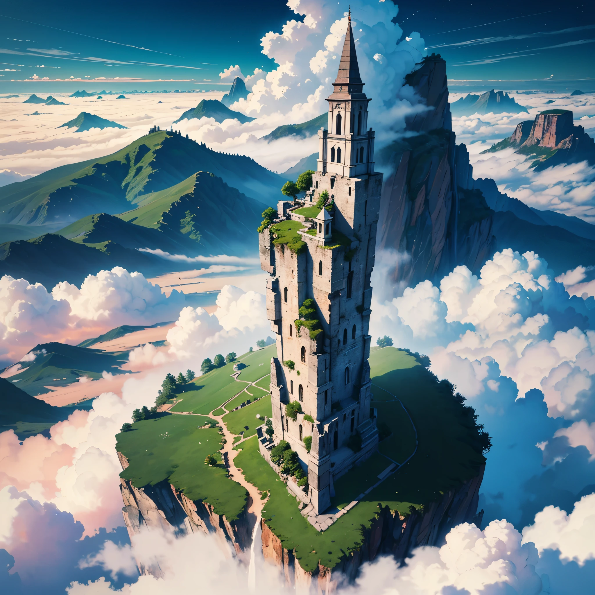 (best quality,4k,8k,highres,masterpiece:1.2),ultra-detailed,amazing sky landscape,Temple,At the Top of the Mountain,In the Mist,Forest, Sky.