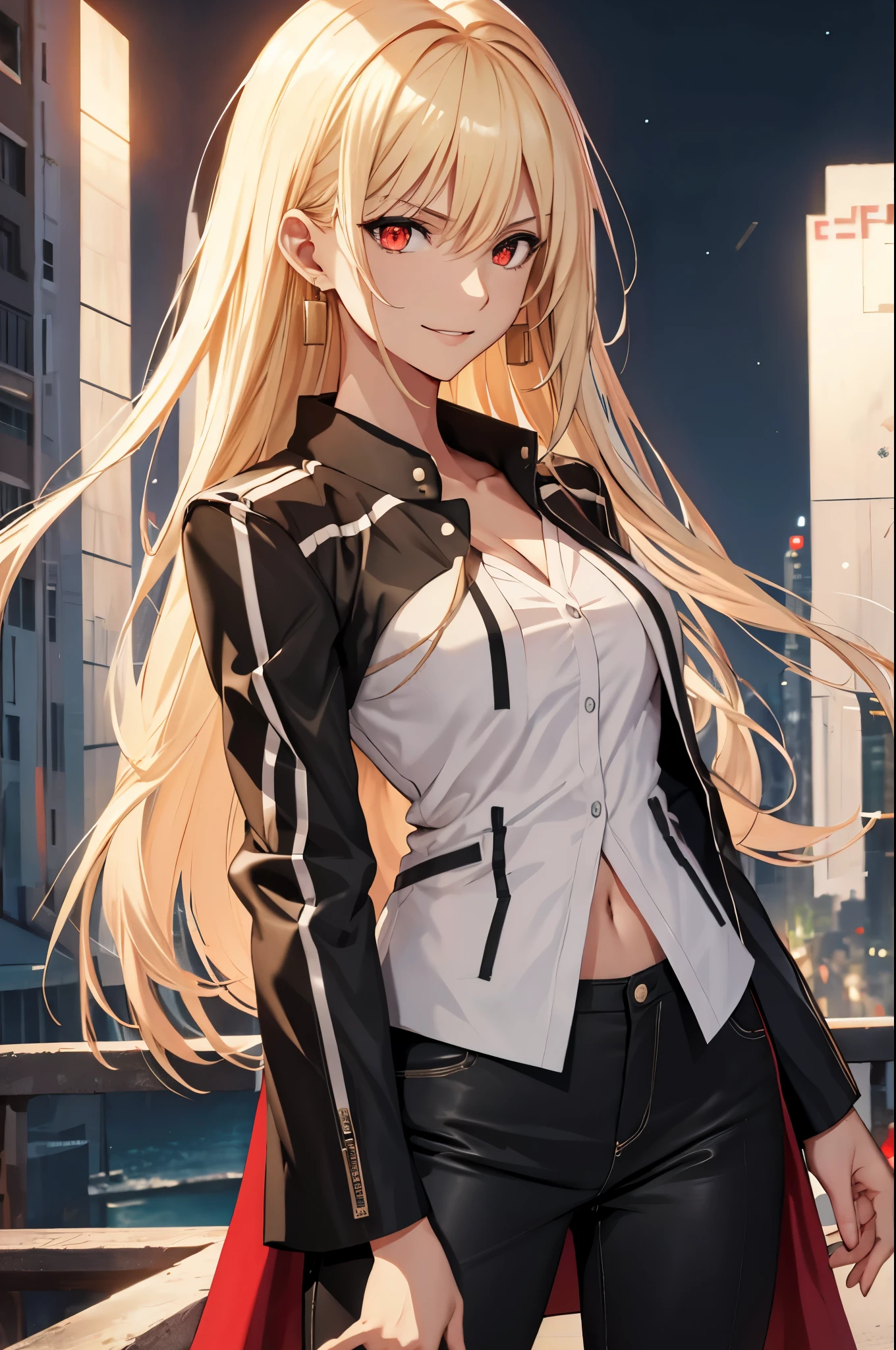 (masterpiece), best quality, expressive eyes, perfect face, highres,  (female body:1.3), gilgamesh girl, GilgameshCasual,1 girl, solo, long hair, Blonde hair, brilliant red eyes, finely eye and detailed face, white shirt, black jacket, open jacket, black pants, night city background, smiling, arrogant, standing, portrait, looking at the viewer