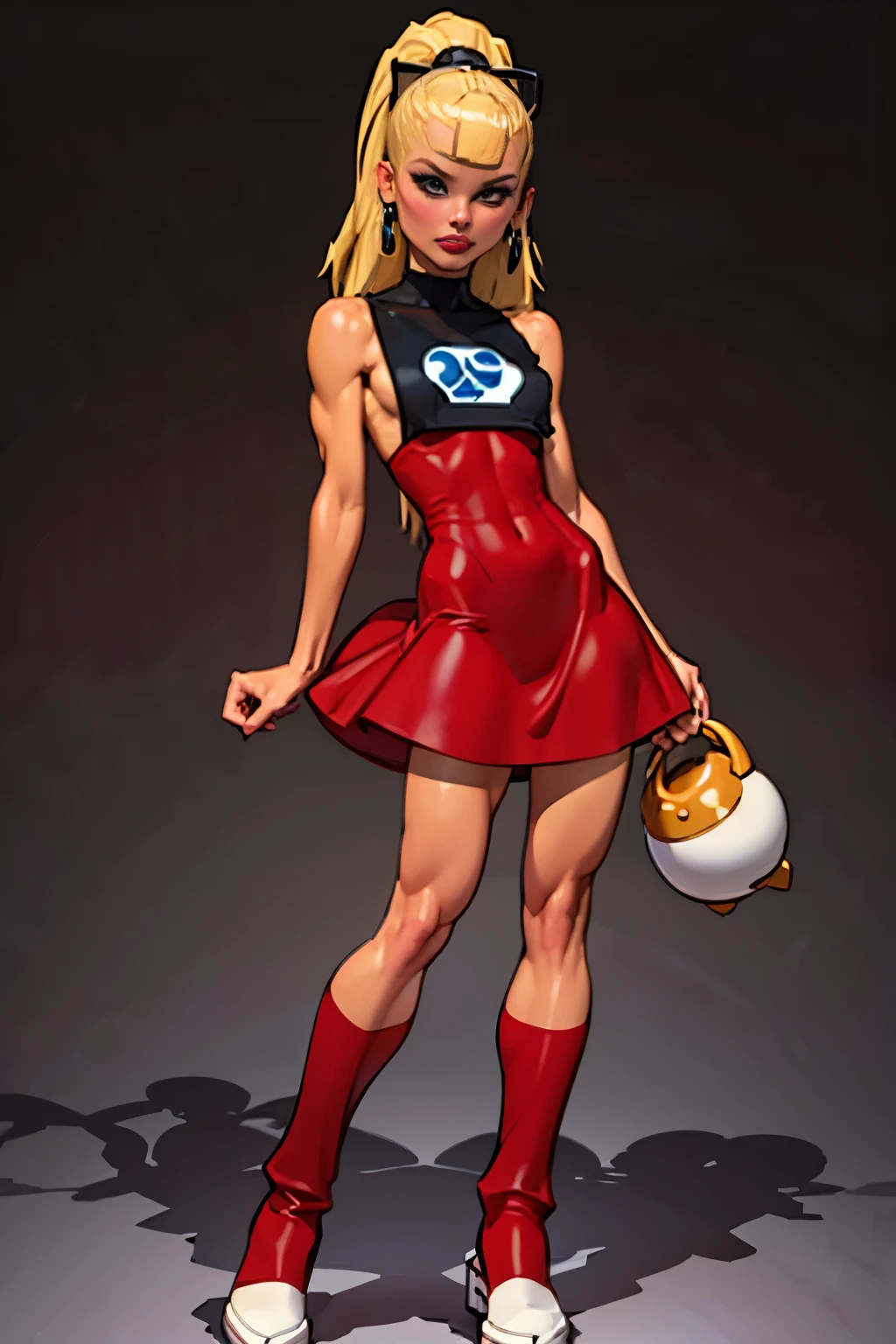 Generate an illustration of a mature Roll, gym leader of megaman , (red dress), hd, black top, white bib, holding  all,  de terno preto, long blonde hair, long ponytail, hair bangs, fringes, shiny hair, (small breasts:1.2), outfit in anime format with a serious style, boots, make up, masterpiece, dark lighting, black background, puffy lips,(slendered abs), beautiful face,