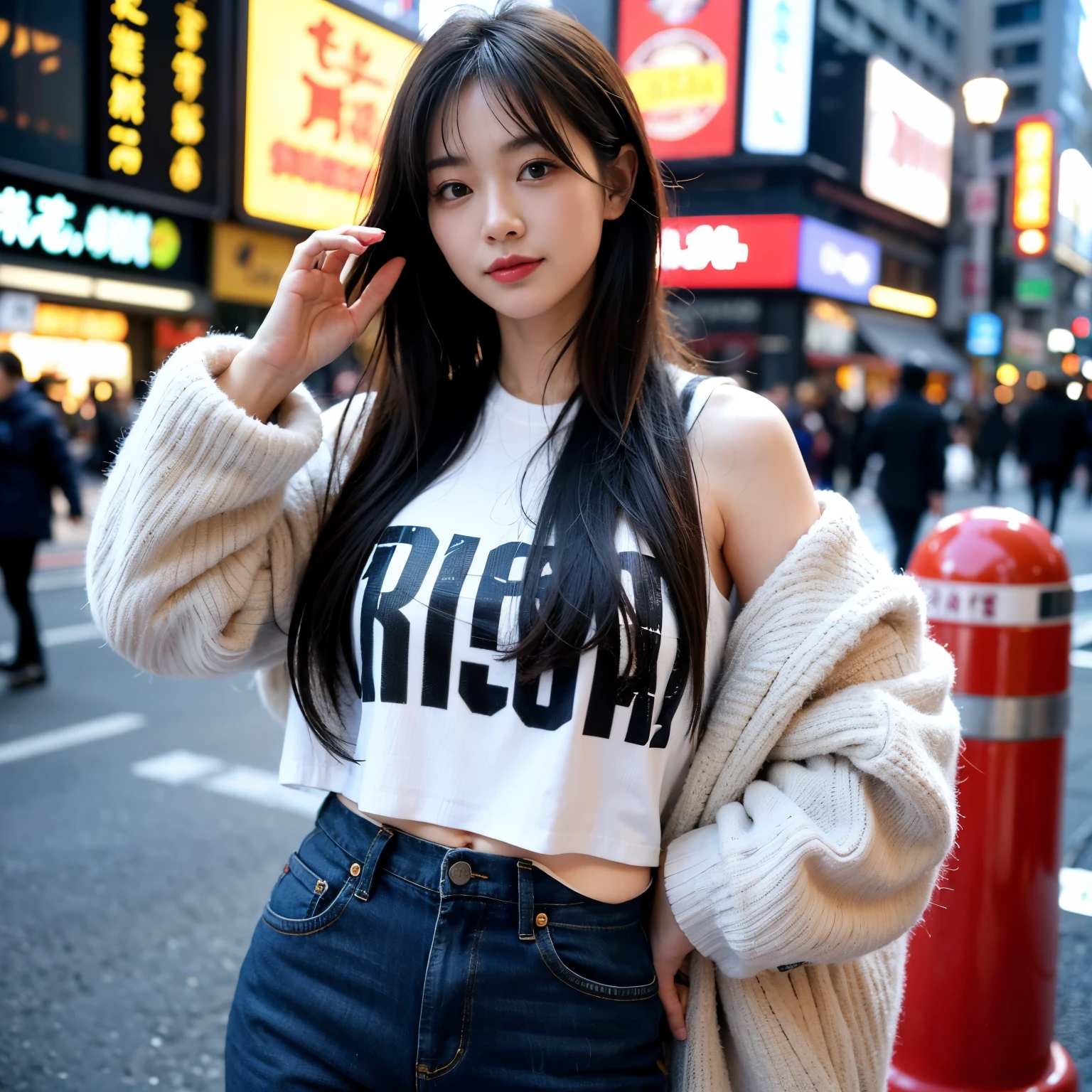 2 girls、Dotonbori Street、Osaka、A city scape、Cityscape at daytime、Bright background、full bodyesbian、a closeup、A smile、、(8K、Raw photography、top-quality、​masterpiece:1.2)、(realisitic、フォトrealisitic:1.37)、Highly detailed eyelash drawing、(((Top image quality))),  (Perfect Anatomy), (Realistic), (Dynamic Angle), Pose Seductive,Perfect, Look、top-quality、hight resolution、Osaka、Shinsaibashi、wearing a fashionable winter jersey、street snap、Hair is short、full bodyesbian、Fashionable fashion、age 30s