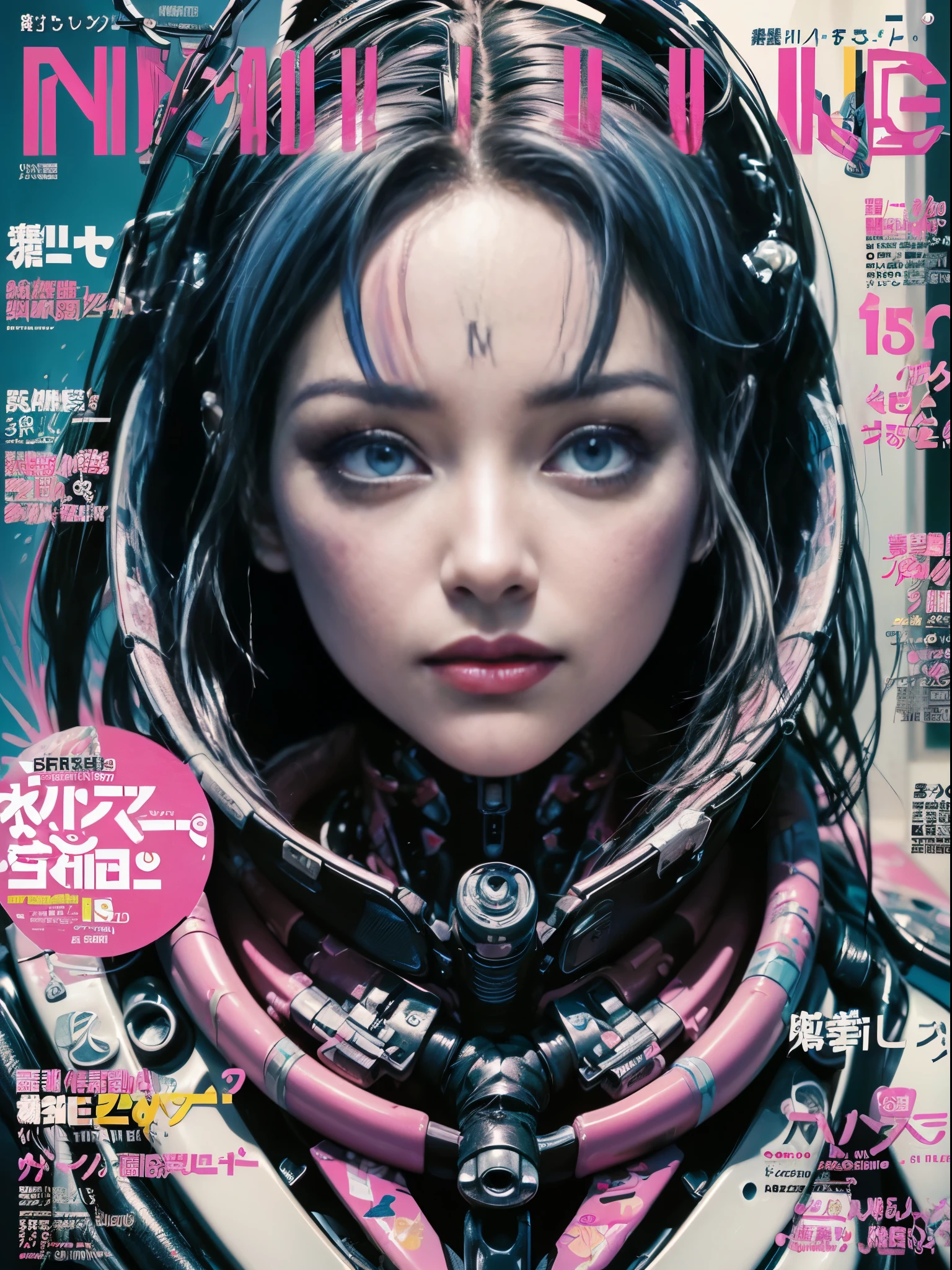 Flowing_contour biomechanical__cybernetic_airbrush___Strange__(((Japanese Harajuku style Fashion_(((colorful Magazine_cover)))__art_decor_Border)))__porcelain_and_Platinum / Futuristic Cyberpunk woman with porcelain skin, cybernetic implants.