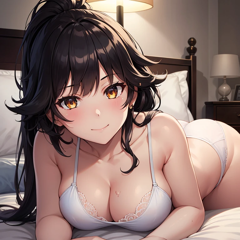 1girl,,big breasts,hotel room,bed,(8k),
,detailed face,black hair,brown eyes,very long hair,embarassed,small smile face,ponytail,hair, high_res, high_definition,battlefield,sexy pose,White_Brassier,black_panties,