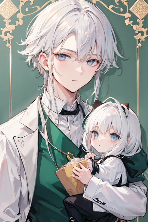 A white haired man with silver   eyes is holding a baby boy with silver hair and emerald eyes.