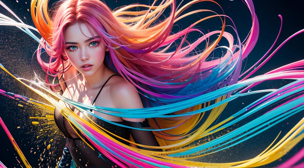 8k, RAW photo, realistic, photo-realistic, hyper-realistic, highest quality, best quality, masterpiece, highly detailed, absurdres,
masterpiece, best quality, (extremely detailed CG unity 8k wallpaper, masterpiece, best quality, ultra-detailed, best shadow), (detailed background), (beautiful detailed face, beautiful detailed eyes), High contrast, (best illumination), 1girl, Australian, multicoloured hair, beautiful, ((colourful paint splashes on transparent background, dulux)), ((caustic)), dynamic angle,beautiful detailed glow,full body, cowboy shot,