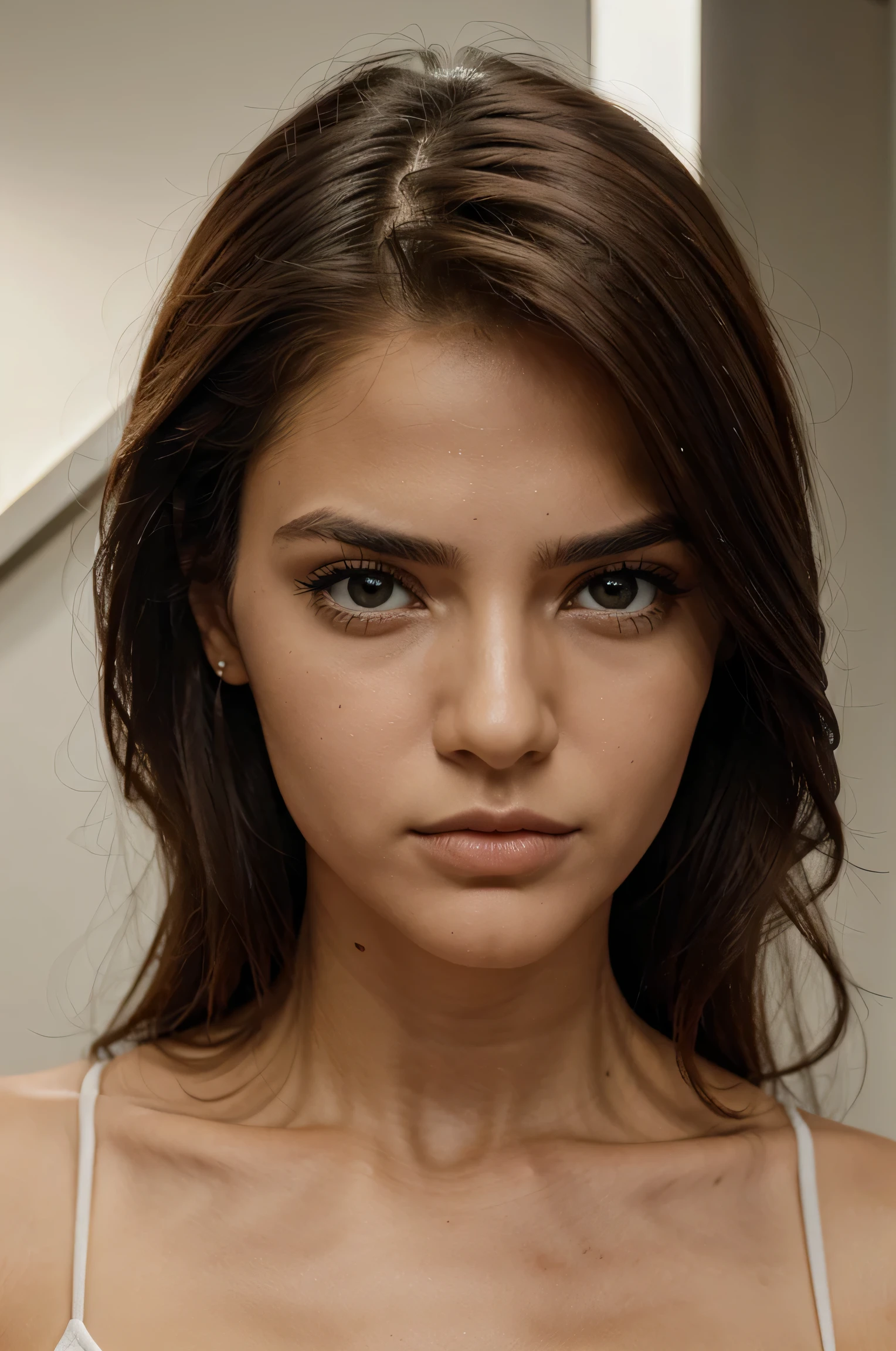 modelo super realista, olhos azuis, cabelos loiros, mildly serious, pouco triste