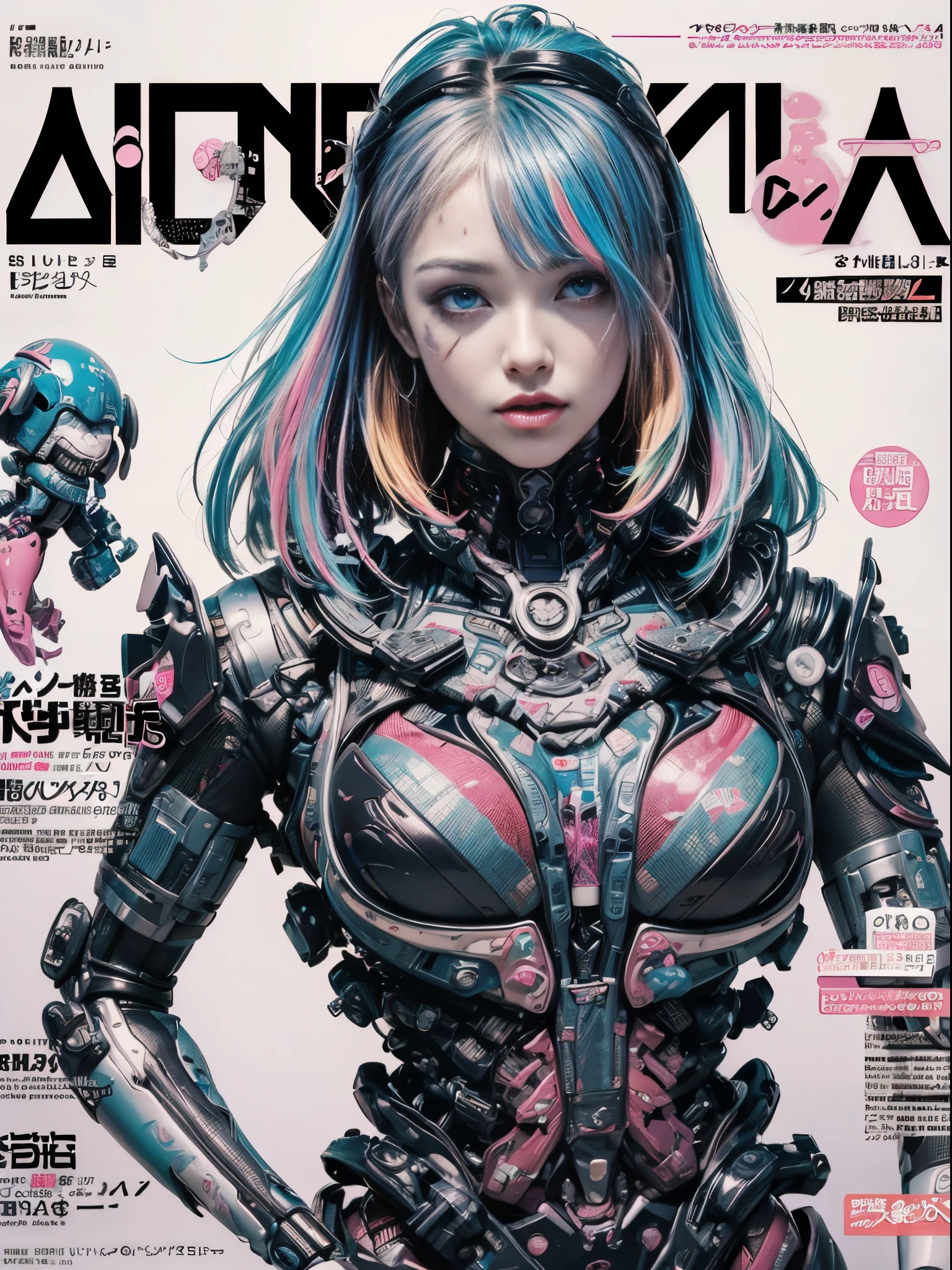 Flowing_contour biomechanical__cybernetic_airbrush___Strange__(((Japanese Harajuku style Fashion_(((colorful Magazine_cover)))__art_decor_Border)))__porcelain_and_Platinum / Futuristic Cyberpunk woman with porcelain skin, cybernetic implants.