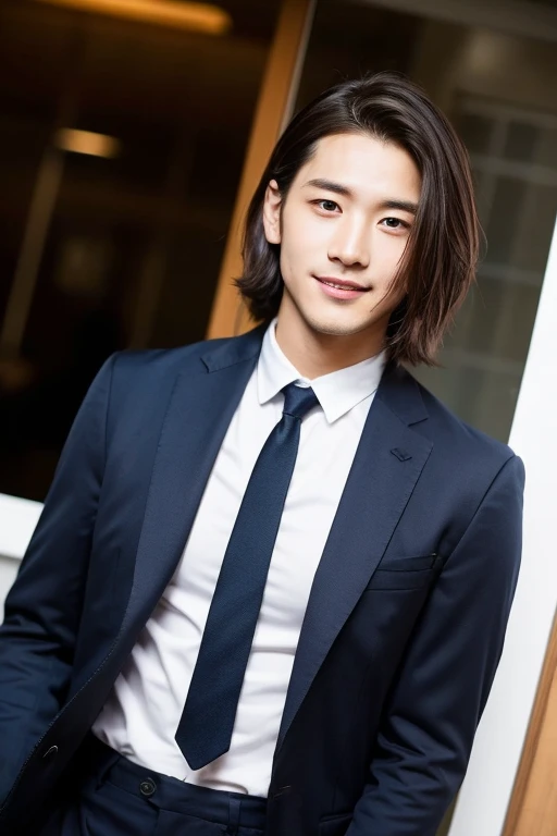 Create a high-resolution portrait image of a strikingly handsome young man in his late 20s to early 30s, exuding confidence and professionalism. He stands confidently in front of the camera, radiating an approachable and charming demeanor. His attire consists of a meticulously tailored navy blue, two-button corporate suit. The suit jacket is well-fitted, showcasing his athletic build without being overly tight. The fabric has a subtle sheen, hinting at high quality.
The suit is complemented by a crisp white dress shirt with a classic spread collar. The top button is undone, adding a relaxed yet polished vibe. The shirt is flawlessly tucked into the trousers, which are tailored with precision, offering a sleek and modern silhouette. The trousers are a shade darker than the jacket, providing a tasteful contrast.
His demeanor is one of relaxed confidence and friendliness. His posture is upright yet relaxed, exuding professionalism without stiffness. His broad shoulders are slightly turned towards the camera, showcasing his engaging personality. His facial expression is warm and inviting, with a genuine and radiant smile. His eyes, a deep shade of hazel, exude approachability and sincerity, sparkling with a touch of warmth.
The man's hairstyle is sophisticated yet contemporary, neatly styled with a slight side part. His dark brown hair has a natural luster, meticulously groomed without appearing overly styled.
In the background, there's a hint of a modern, upscale office setting. The lighting is soft but highlights his features, emphasizing the warmth of his smile and the subtle contours of his face.
The overall tone of the image should evoke professionalism, approachability, and confidence while capturing a moment of genuine warmth and charm.