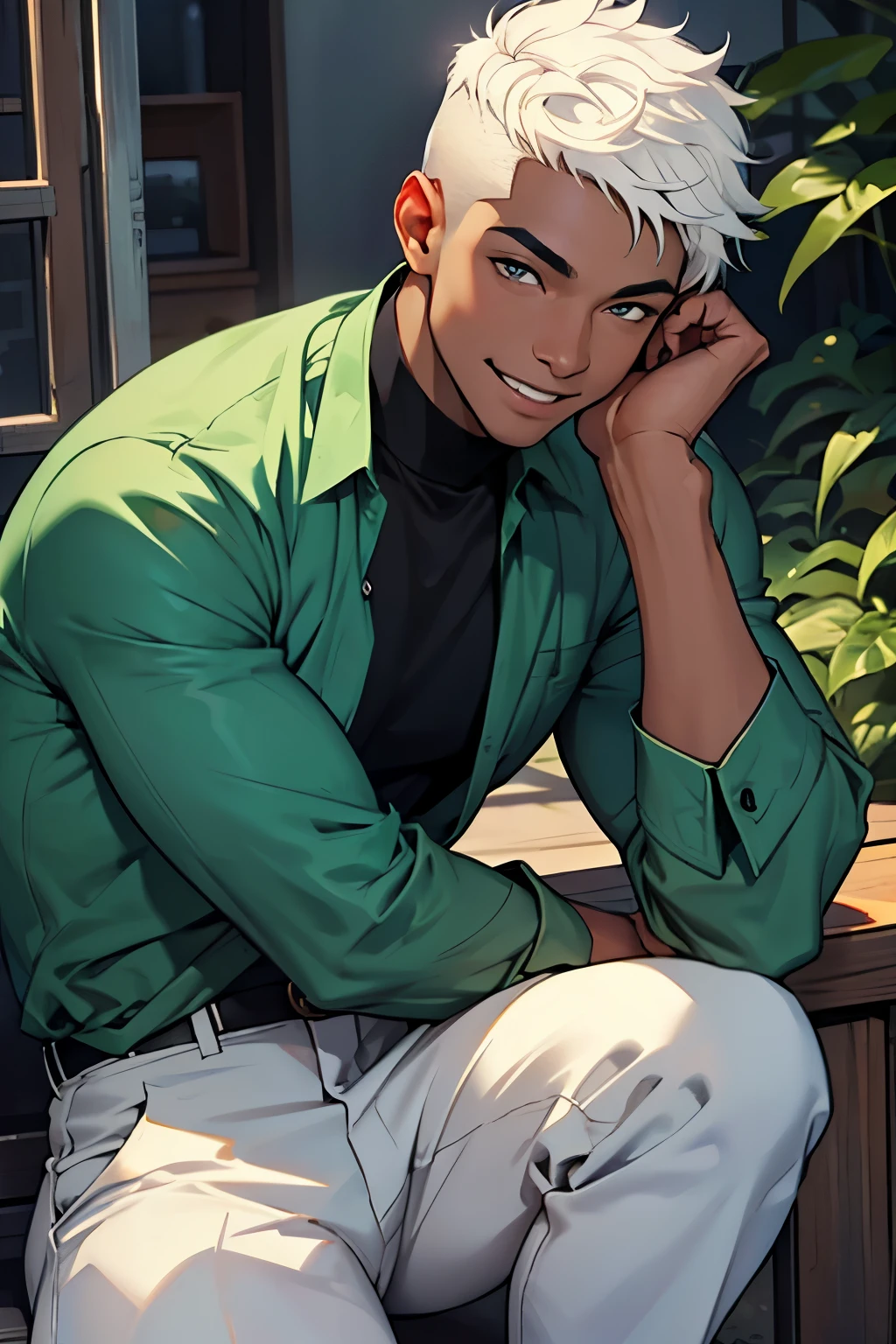 Black young man, Short hair, white hair, mid Fade, GREEN SHIRT, blue pants, smile, black eyes, black eyebrown, beautiful