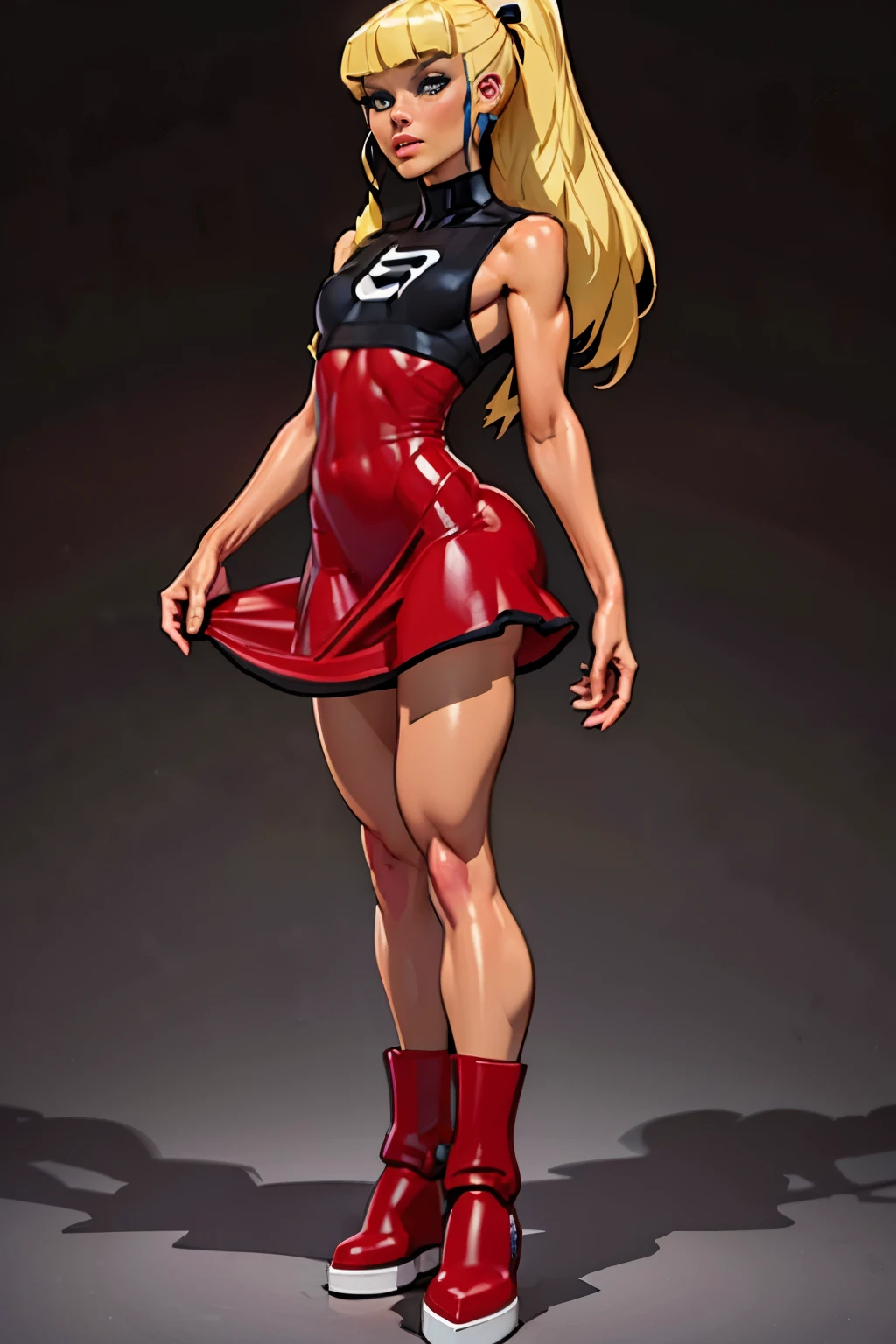 Generate an illustration of a mature Roll, gym leader of megaman , (red dress), hd, black top, white bib, holding  all,  de terno preto, long blonde hair, long ponytail, hair bangs, fringes, shiny hair, (small breasts:1.2), outfit in anime format with a serious style, boots, make up, masterpiece, dark lighting, black background, puffy lips,(slendered abs), beautiful face,