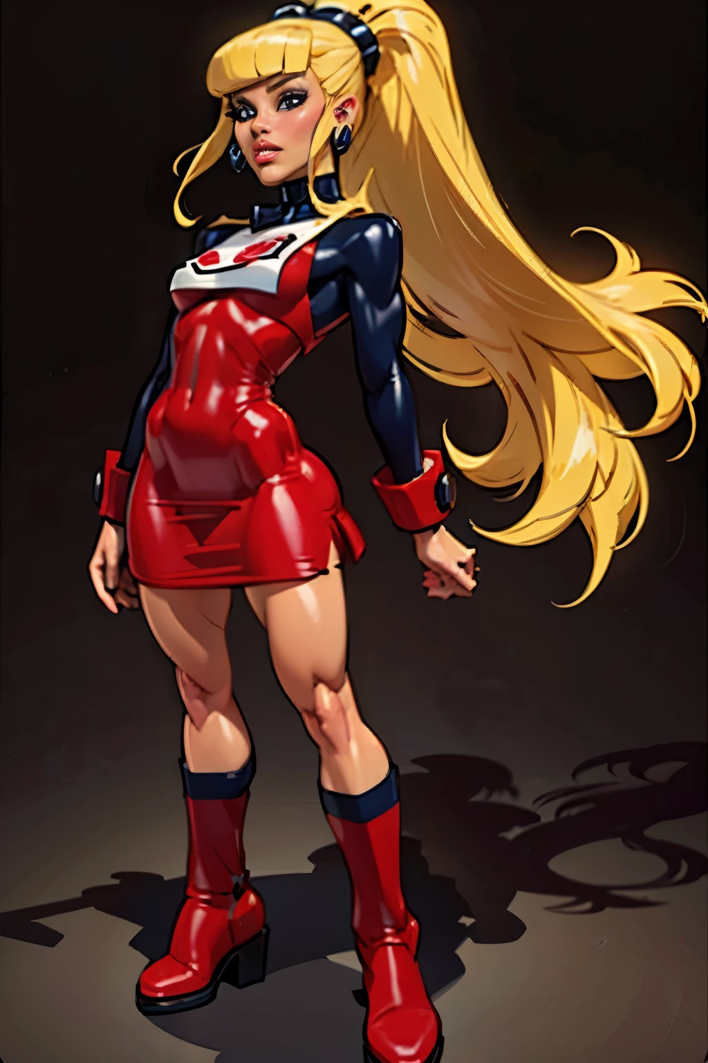 Generate an illustration of a mature Roll, gym leader of megaman , (red dress), hd, black top, white bib, holding  all,  de terno preto, long blonde hair, long ponytail, hair bangs, fringes, shiny hair, (small breasts:1.2), outfit in anime format with a serious style, boots, make up, masterpiece, dark lighting, black background, puffy lips,(slendered abs), beautiful face,