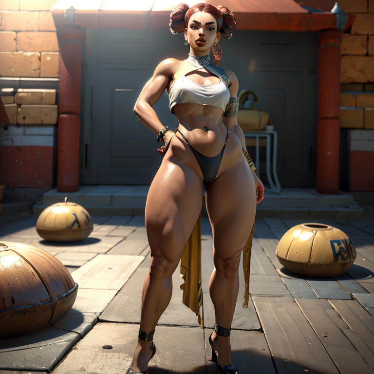 Chica fuerte de espaldas mirando por encima de sus hombros, Pelo largo y rojo, piel clara, cuerpo completo, muslos gruesos, senos medianos, oversized buttocks, Detallado and defined eyes with eyeliner, bikini, thic, Renderizado en 3D del arte de los personajes, 8k, Arte de personajes 3D, Concepto de personaje realista, Motor 3D irreal, Detallado