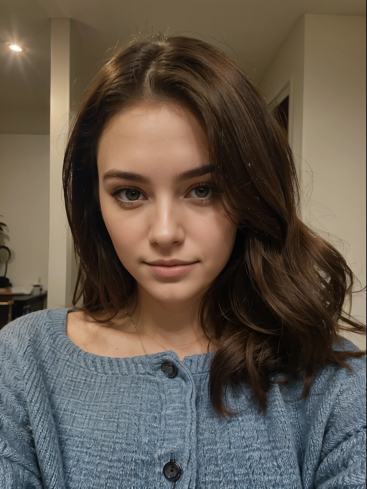 A 25-year-old woman with brunette hair, charming looks, is in different positions, photo taken on an iphone in the best possible quality