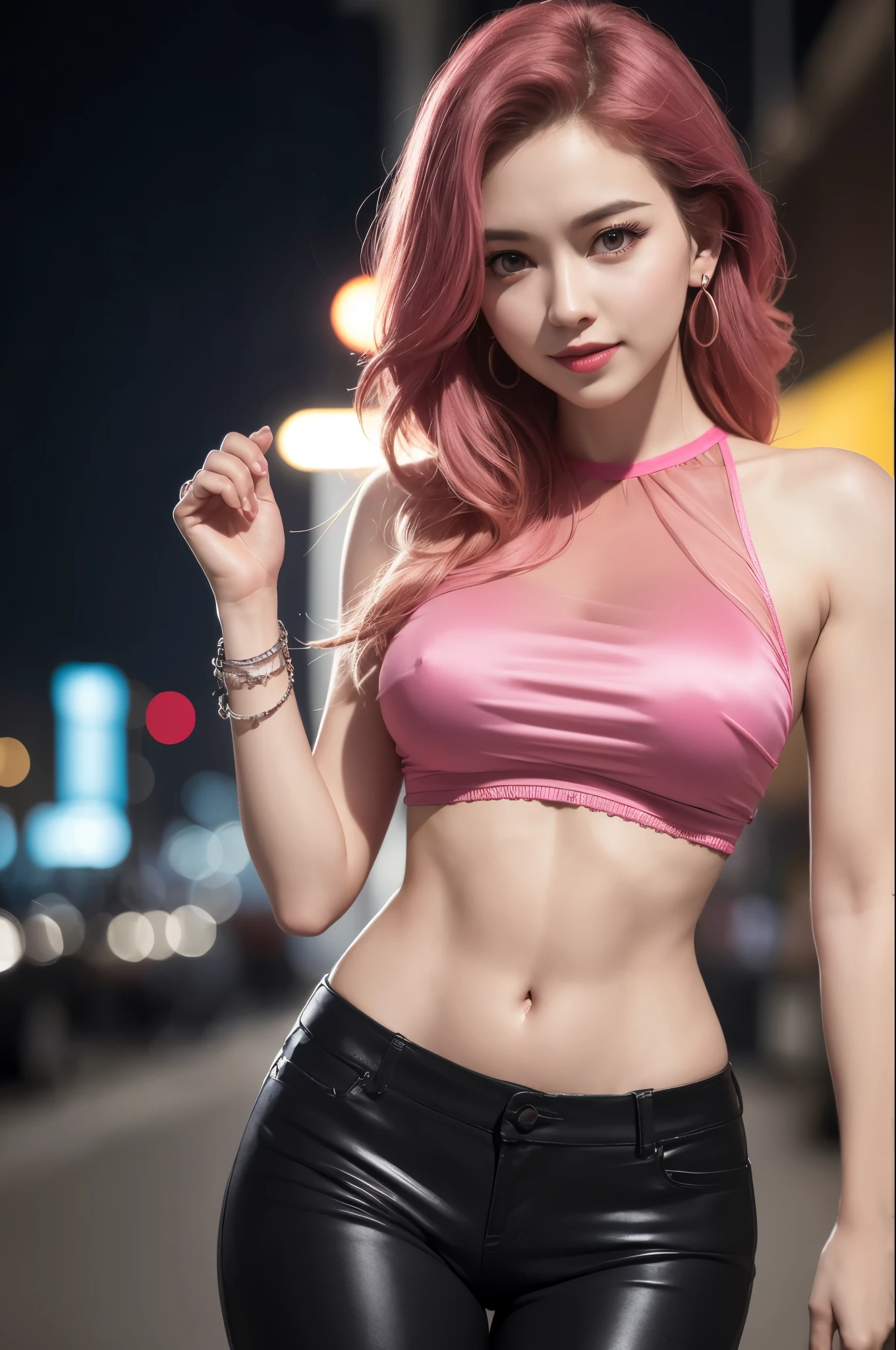 1girls, Sternenauge, flush, Perfekte Ausleuchtung, rotes Haar, Rote Augen, Unreal-Engine, Seitenbeleuchtung, detailliertes Gesicht, Pony, Strahlende Haut, Hintergrund, dark Hintergrund,8k, masterpiece, RAW photo, best quality, photorealistic, extremely detailed CG unity 8k wallpaper, Depth of field, Cinematic Light, Lens Flare, Ray tracing, (extremely beautiful face, beautiful lips, beautiful eyes), intricate detail face, ((ultra detailed skin)) 1girl, in the dark, deep shadow, pretty korean girl, kpop idol, 1 girl, (very slim slender fit-muscled body:1.3), ((looking at viewer)),(big smile:1.3), (tight laced blouse), (hot pink color blouse), (sleeveless) , (fashion city night, dark night, (neon sign), (blurred background), fashion street night),(without people in the background:1.3), beautiful earrings, bracelets, necklace, pantyhose, clear eyes, (pale skin), (big eyes), face forward, ((upper body shot)), ((silk hot pink color pants:1.3)),(brown hairs),((tight fitting laced pants)), (see through), (looking at viewer:1.3) open breast, very slim, (thick thighs), medium breasts, (see through),((flooming laced))