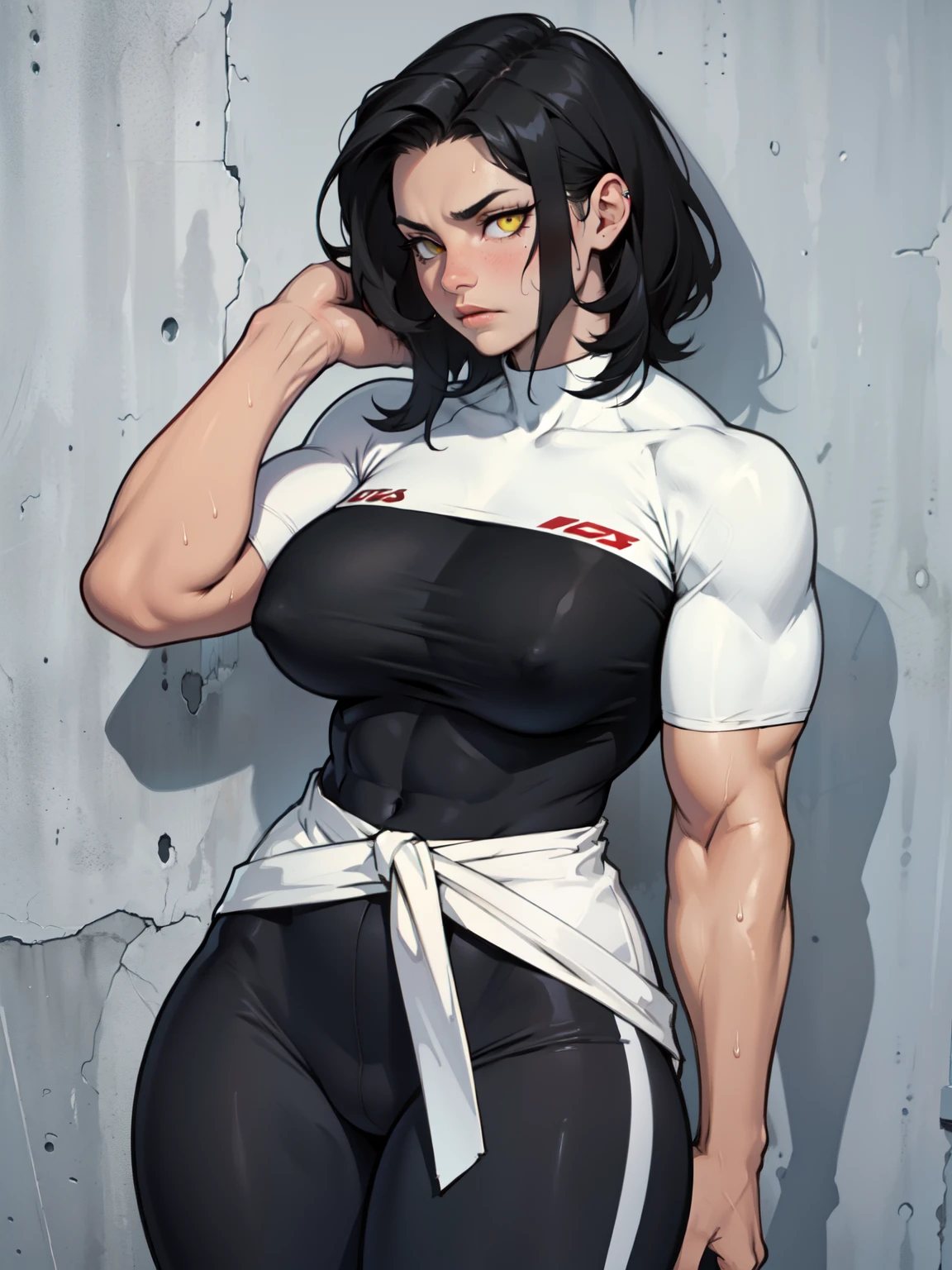 girl (muscular girl large breasts thick) sad pale skin black hair yellow eyes sad thin waist sweaty drop shadow leggings