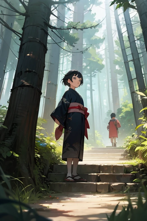 1 girl, 1 boy, girl, 12 years ol hair, girl in summer dress, boy in kimono, (background in forest), scenery, full body