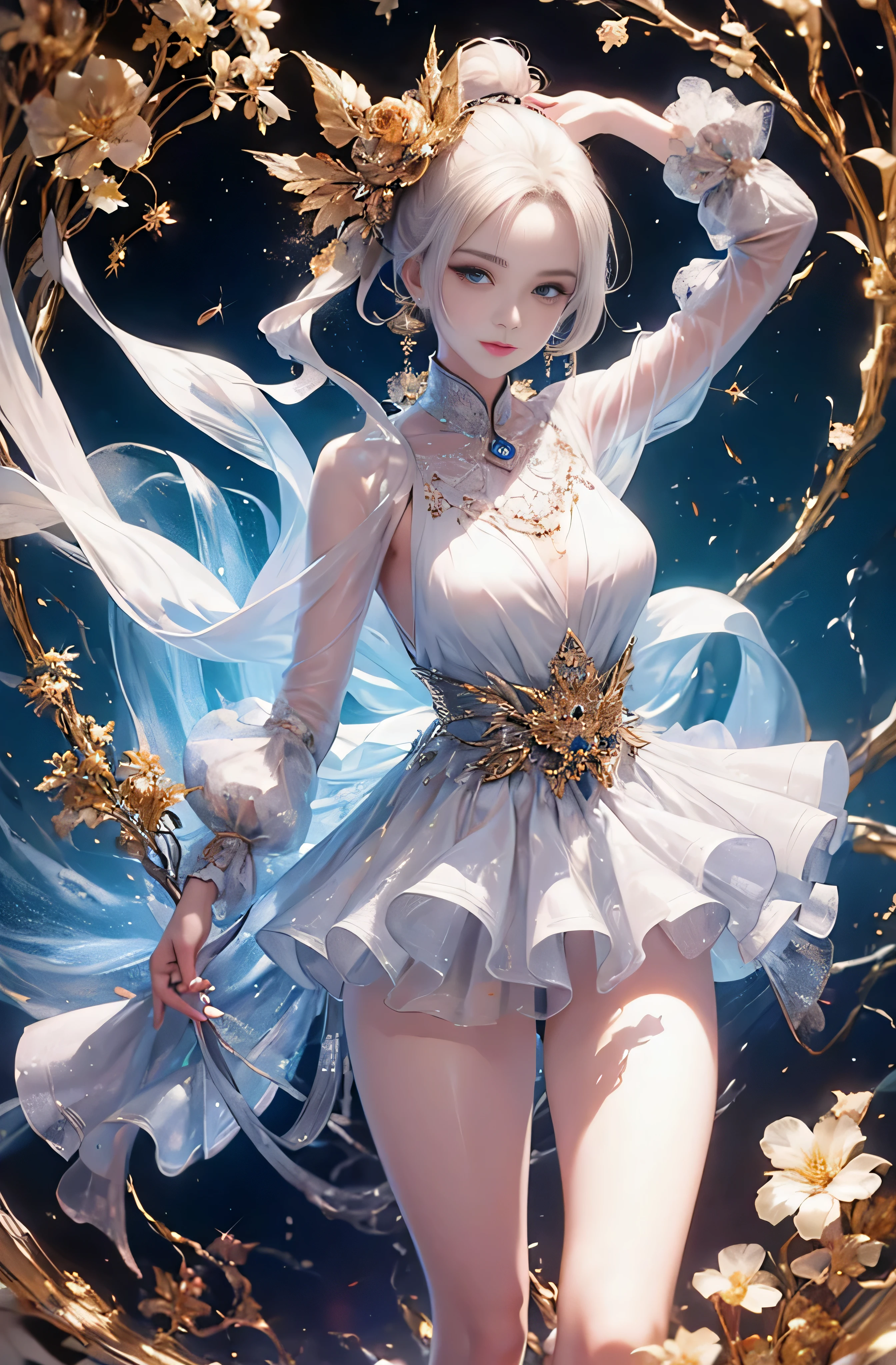 The white cylindrical hat on the back of the head lights up...、Whole body、8K、realphoto、超A high resolution, Master Parts, Best Quality, nffsw , cinematic images,Lovely girl、ann、16oruro saxon year、Green eyes、二重まぶた、very droopy eyes、(very, very大きな瞳:1.8)、Dark eye shadow、The lips are very thin、The tip of the nose stretches beautifully...............、the tip of the nose is small,,,,, ighly detailed , Gold Hair、Straight hair、Very smile、 Sweet look 、a very beautiful woman、legs are long、 Very clear shadows , jewely , A detailed eye, very intricate, shiny skins , パーフェクトブリリannト, Perfect Lighting, Dramatic shadows 、She is wearing a long white silk dress with three layers。。。。。。。。。。。。..Silver embroidery covers the entire surface of a long white silk dress.、lace white dress is very long、White high heels、Hold a closed white fan with both hands、The head has a large white round hood、red flowers in ears