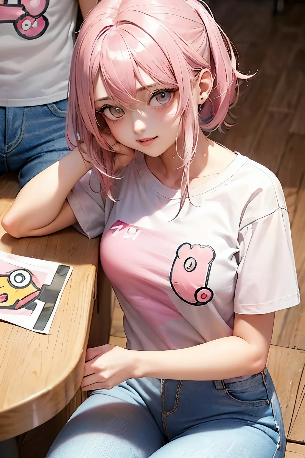 (1Girl, 18yo, ((messy pink hair)), pretty, sexy, sexy, pink eyes, ((Wearing white pokemon print t-shirt, and jeans pants))), ((sit In a dinner table))