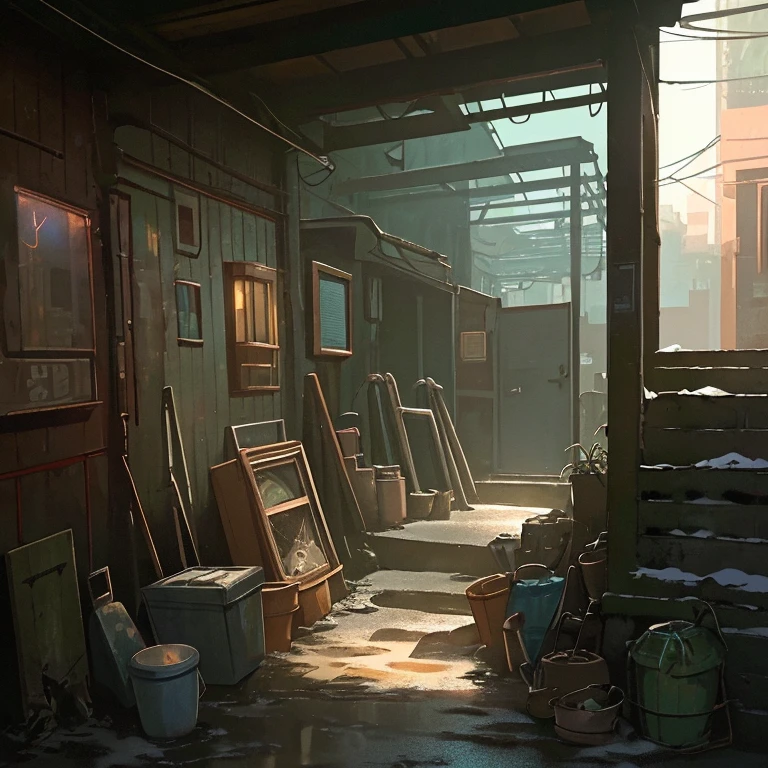 hyperrealistic and very detailed illustration of the entrance of a patio, point of view from the outside, image very loaded with objects, point of view from below, dirty cement stairs with cracks, green wastebasket, metal signs, seats, cables, pole, pastel blue telephone booth, rusty guardrails, pipes, pipes in the walls, electric meter, gray and dark walls, empty boxes, old papers on the floor, damaged wall paint, some garbage on the floor, metal and rusty scrap, machine parts (rusty, brown), very detailed advertisements on the neon wall, spotlight lights (very radiant blue light), artificial and sterile environment, very dark night, fog and somewhat dense smoke, very dark landscape shadows,  red and green neon lights, night, some snow all over the landscape, humidity, puddles of water reflecting the dim ambient light