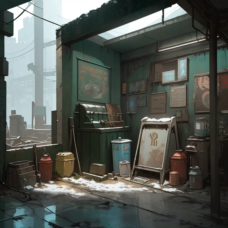 hyperrealistic and very detailed illustration of the entrance of a patio, point of view from the outside, image very loaded with objects, point of view from below, dirty cement stairs with cracks, green wastebasket, metal signs, seats, cables, pole, pastel blue telephone booth, rusty guardrails, pipes, pipes in the walls, electric meter, gray and dark walls, empty boxes, old papers on the floor, damaged wall paint, some garbage on the floor, metal and rusty scrap, machine parts (rusty, brown), very detailed advertisements on the neon wall, spotlight lights (very radiant blue light), artificial and sterile environment, very dark night, fog and somewhat dense smoke, very dark landscape shadows, red and green neon lights, night, some snow all over the landscape, humidity, puddles of water reflecting the dim ambient light