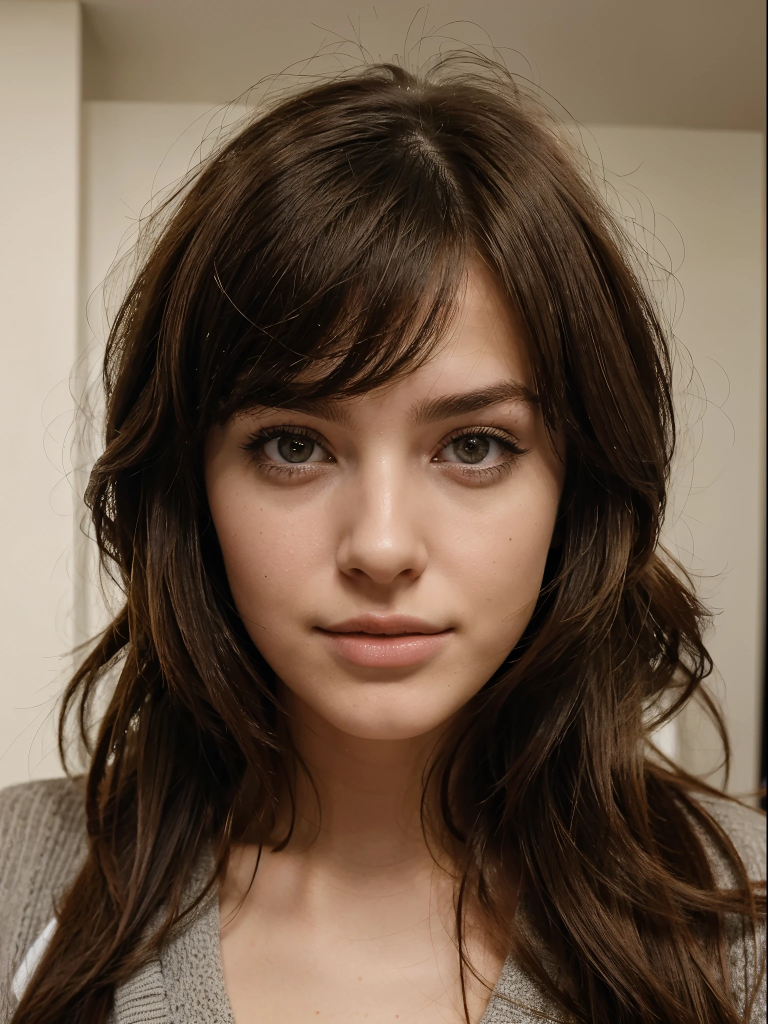 A 25-year-old woman with brunette hair, charming looks, is in different positions, photo taken on an iphone in the best possible quality