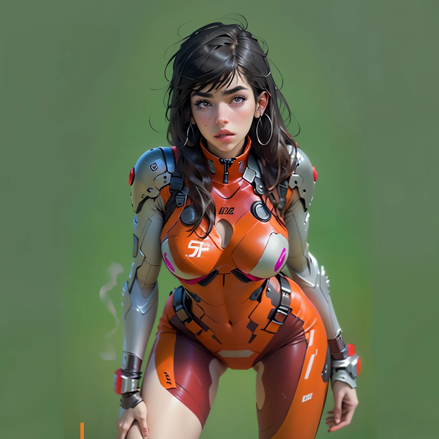 dua lipa face, grey eyes, body defined thick thighs cybernetic body parts, short underwear, 3d render, cgi, symetrical, octane render, 35mm, intricate details, hdr, intricate details, hyperdetailed, natural skin texture, hyperrealism, asuka langley style, neon genesis avengalion, red leather clothing, sexy