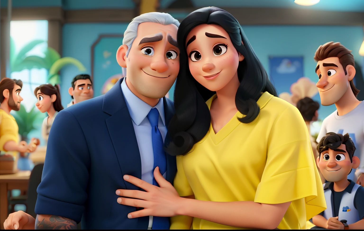 casal no estilo disney pixar, alta qualidade, melhor qualidade Homem sem barba com cabelo com rabo de cavalo de palito mulher cabelos preto