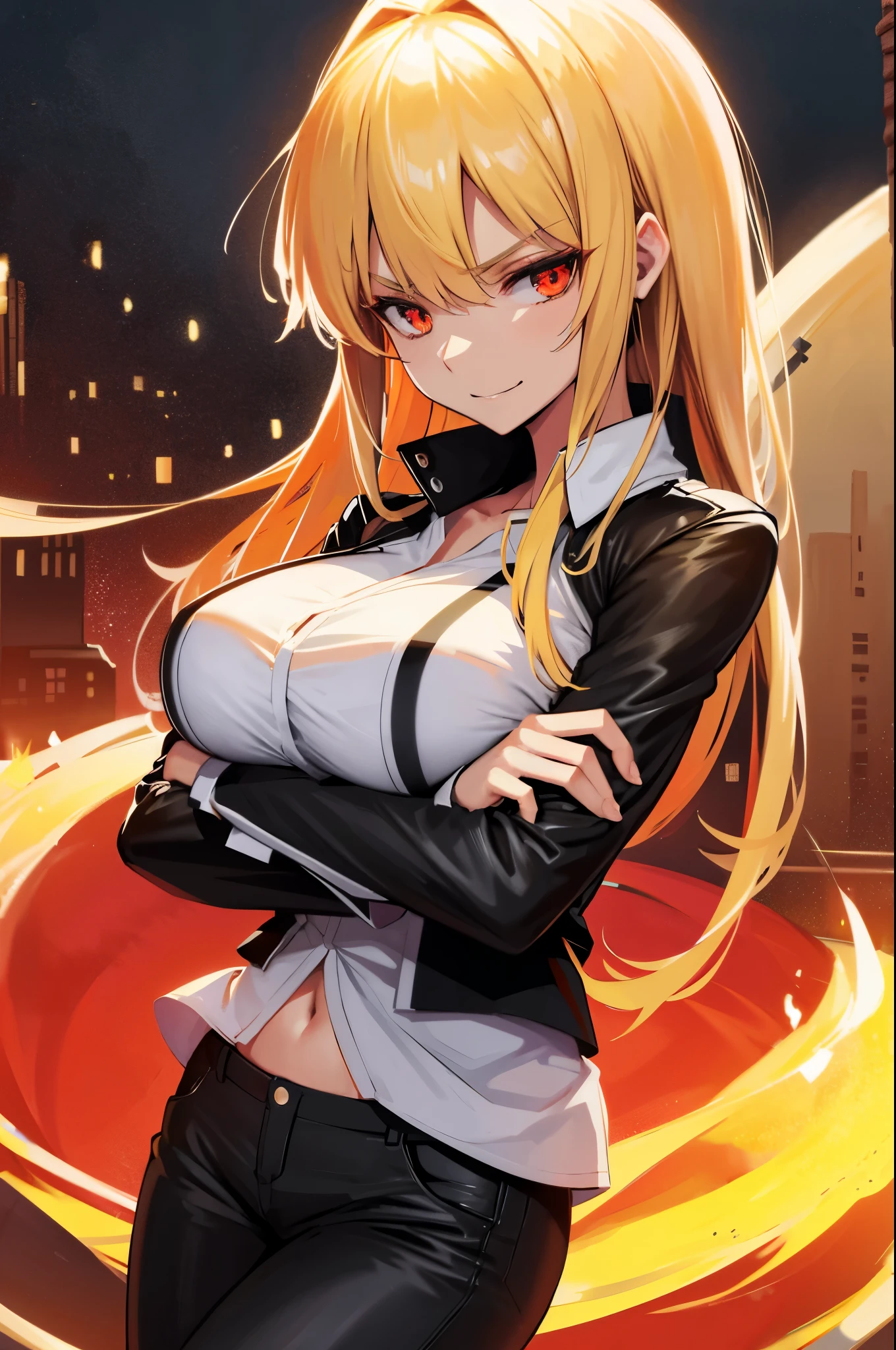 (masterpiece), best quality, expressive eyes, perfect face, highres,  (female body:1.3), gilgamesh girl, GilgameshCasual,1 girl, solo, long hair, Blonde hair, brilliant red eyes, finely eye and detailed face, white shirt, black jacket, open jacket, black pants, night city background, crossed arms, smiling, arrogant, standing, portrait, looking at the viewer