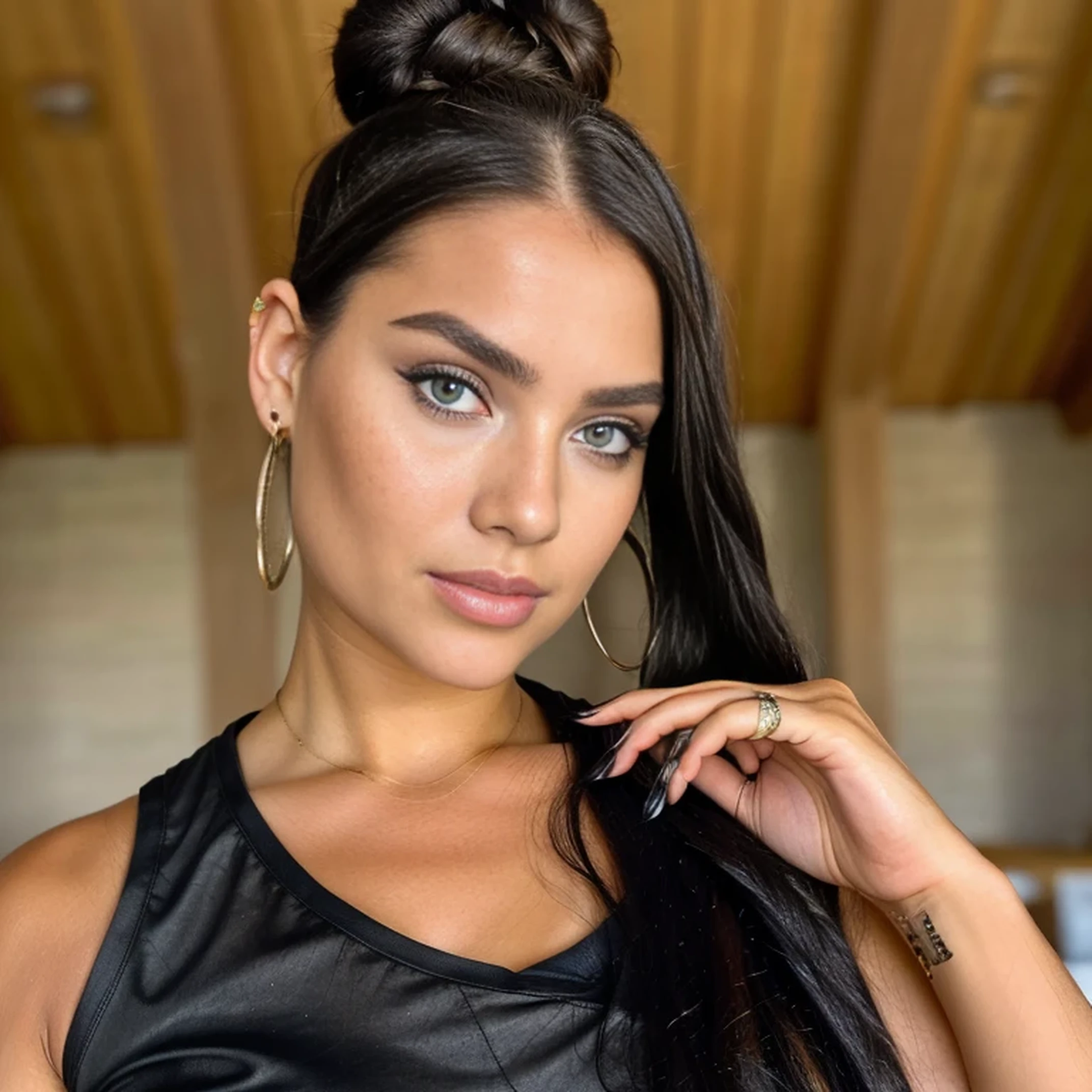 1girl, idol, close-up, collarbone,  ,, photo, film, depth of field, skin texture, t-shirt, rubber band, topknot, long hair, messy hair, freckles,