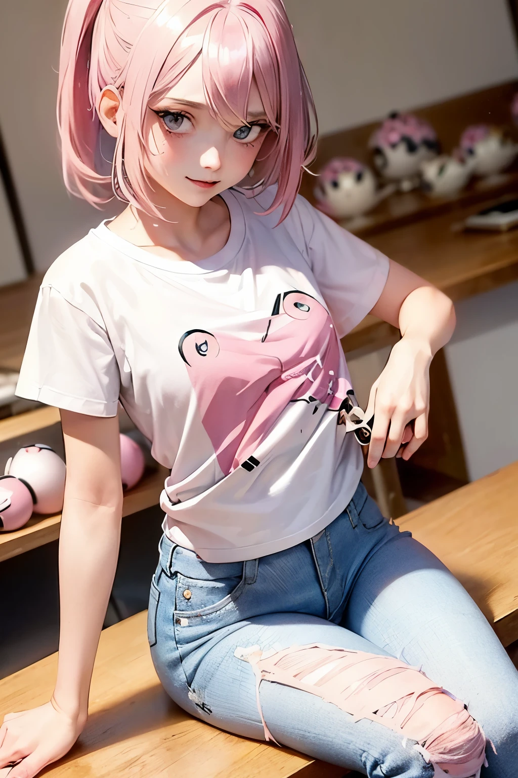 (1Girl, 18yo, ((messy pink hair)), pretty, sexy, sexy, pink eyes, ((Wearing white pokemon print t-shirt, and jeans pants))), ((In a living room))