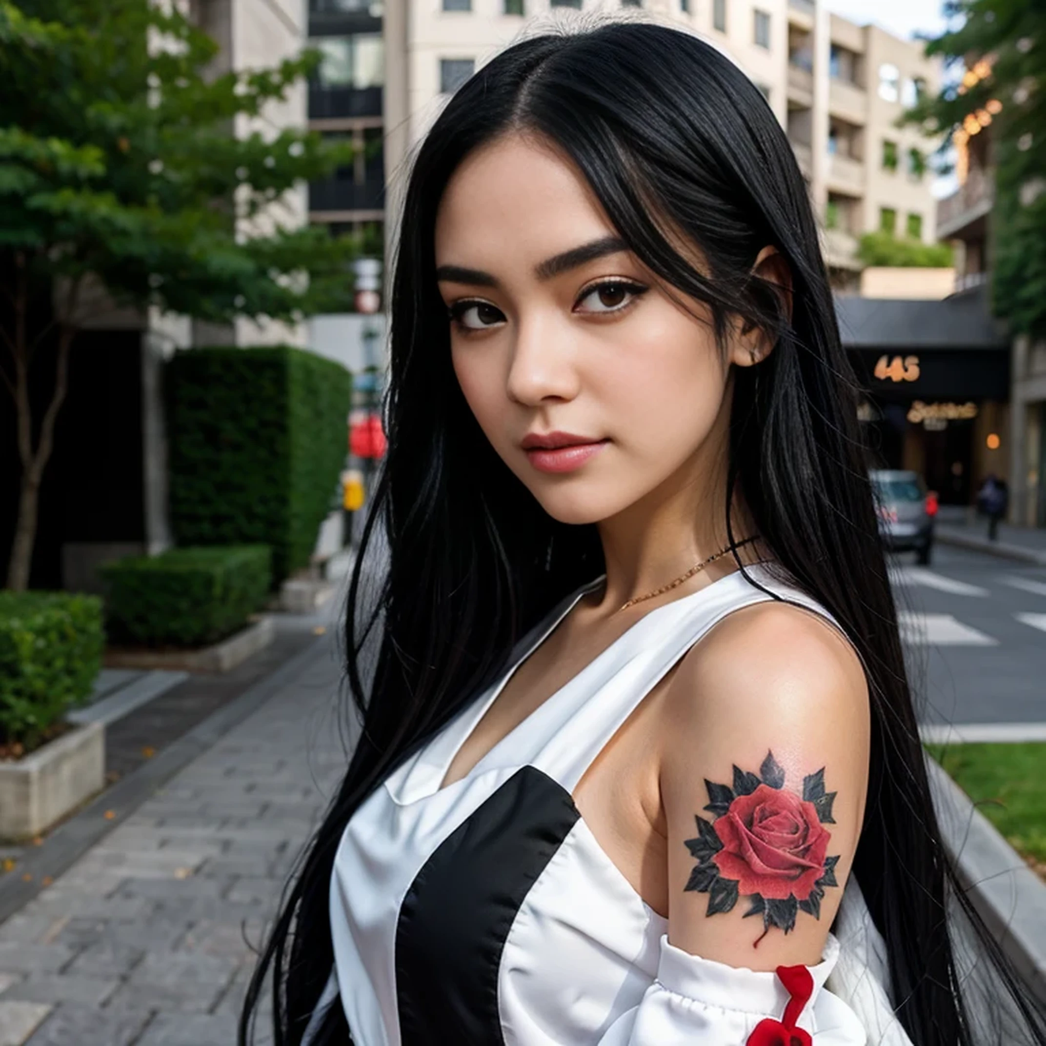 anime girl with long black hair and a white dress with red roses, tattoo, detailed beautiful eyes, guweiz, guweiz on pixiv artstation, detailed digital anime art, beautiful anime girl, guweiz on artstation pixiv, anime style 4 k, kawacy, beautiful anime portrait, detailed portrait of anime girl, detailed anime art, beautiful anime woman