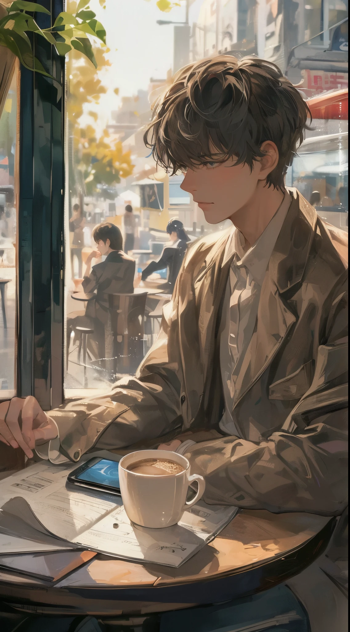 high quality, amount of drawing, pixiv illustration, A scene depicting a handsome young man sitting by the window in an early morning café. He is intently gazing at his coffee cup, enjoying the gentle morning light. The young man is dressed in a refined style, with a clean-cut hairstyle, wearing a stylish blazer and shirt. Beside him, there’s an unread newspaper and a smartphone. Outside the café window, people are bustling about, starting their day, as the city gradually comes to life. This scene captures the essence of a new day’s beginning, savoring a quiet morning moment with a handsome young man