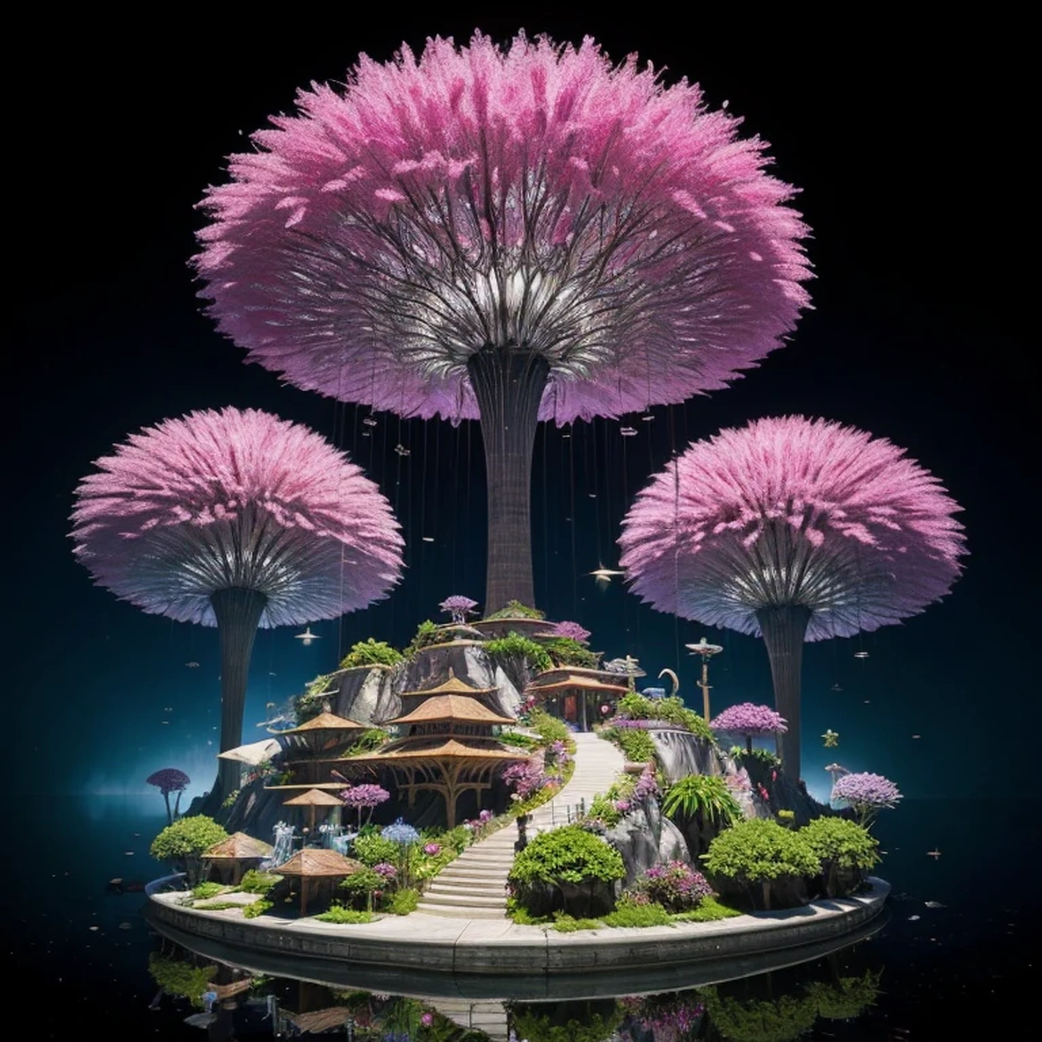 Sinister futuristic floating island suspended in the air, cities, fantasy, (villain hideout), (kawaii), cute, cute, anime style, technological, dark, funny, magical plant growth, extreme details, realistic light, blue sky, epic composition, (complex details), (complex design, ultra-details: 1.2), Art Station, (masterpiece, best quality), Ultra HD, 32k --v 6