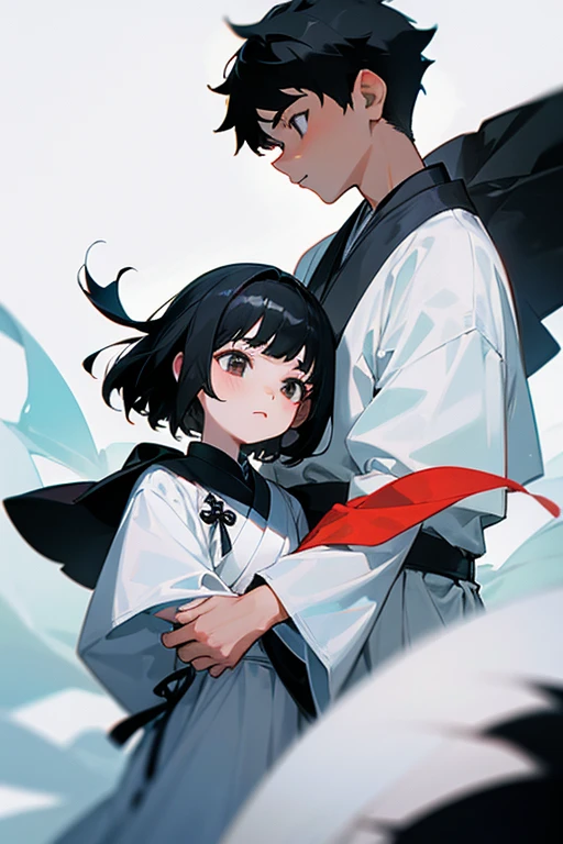 1 girl, 1 boy, 8 year old girl, 12 year old boy, black hair, girl wearing white dress, boy wearing black Japanese clothes