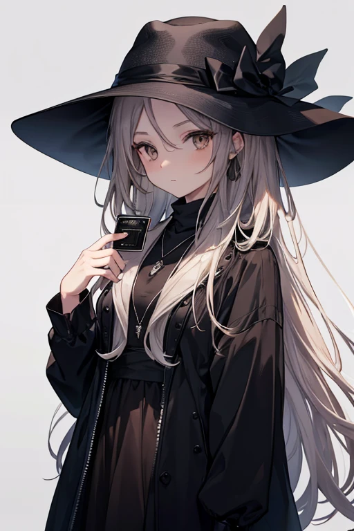 30 years old lady, wearing a mask, brown long straight hair, wearing a black hat and black dress, dark brown eyes, silver necklace, have a wallet in her hands,