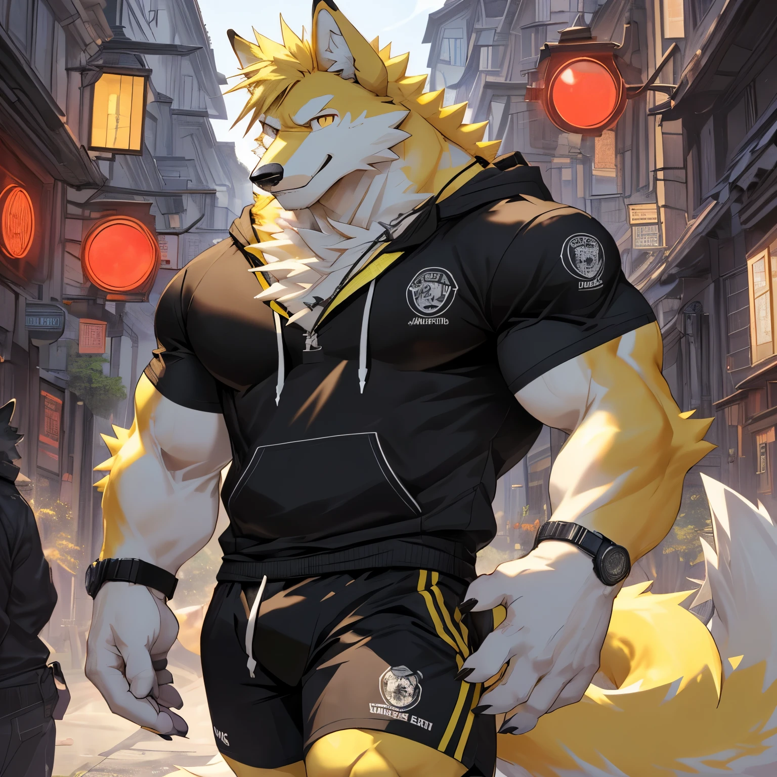 single, Wolf Head, Wolftail, muscular, sexy yellow ears, Yellow hair, hair on arm, hair on legs, Yellow fur all over,
Black sports shorts, face recognition, master-piece,bestquality,detailed background, windows, red light, plant