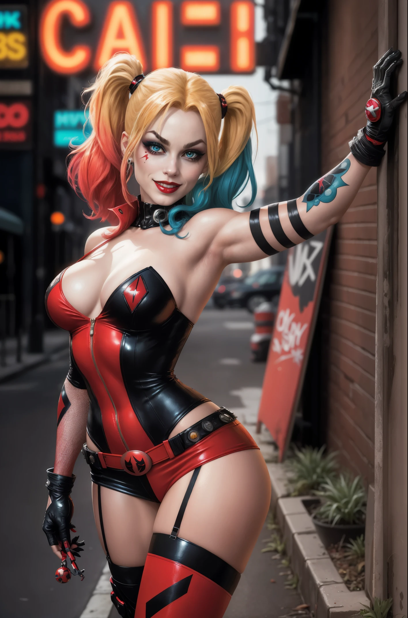 A sexy Harley Quinn from DC Comics. High-resolution artwork, vivid colors, and sharp focus. Extremely detailed face with beautiful eyes, detailed lips, and long eyelashes. Emphasize her mischievous grin and playful expression. She is wearing her iconic red and black jester outfit, with a mini-dress, fishnet stockings, and black boots. Her outfit should be vibrant and eye-catching. The background should be a dark and moody Gotham City alley with hints of neon lights and graffiti. Captivate the essence of her character,  her both seductive and dangerous. The artwork should have a comic book style, with bold lines and exaggerated features, sexy, naughty, rear view