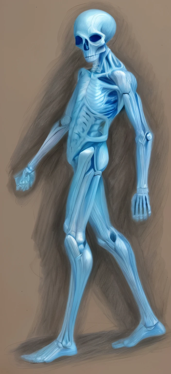 a close up of a drawing of a blue skin man with a skeleton head, human figure, anatomical figure, the other a skeletal figure, anthropomorphic humanoid, human physique study, skeletal male figure, blue disfigured figure, human form, blue man, art study of a body, man standing, anthropomorphic _ humanoid, detailed humanoid